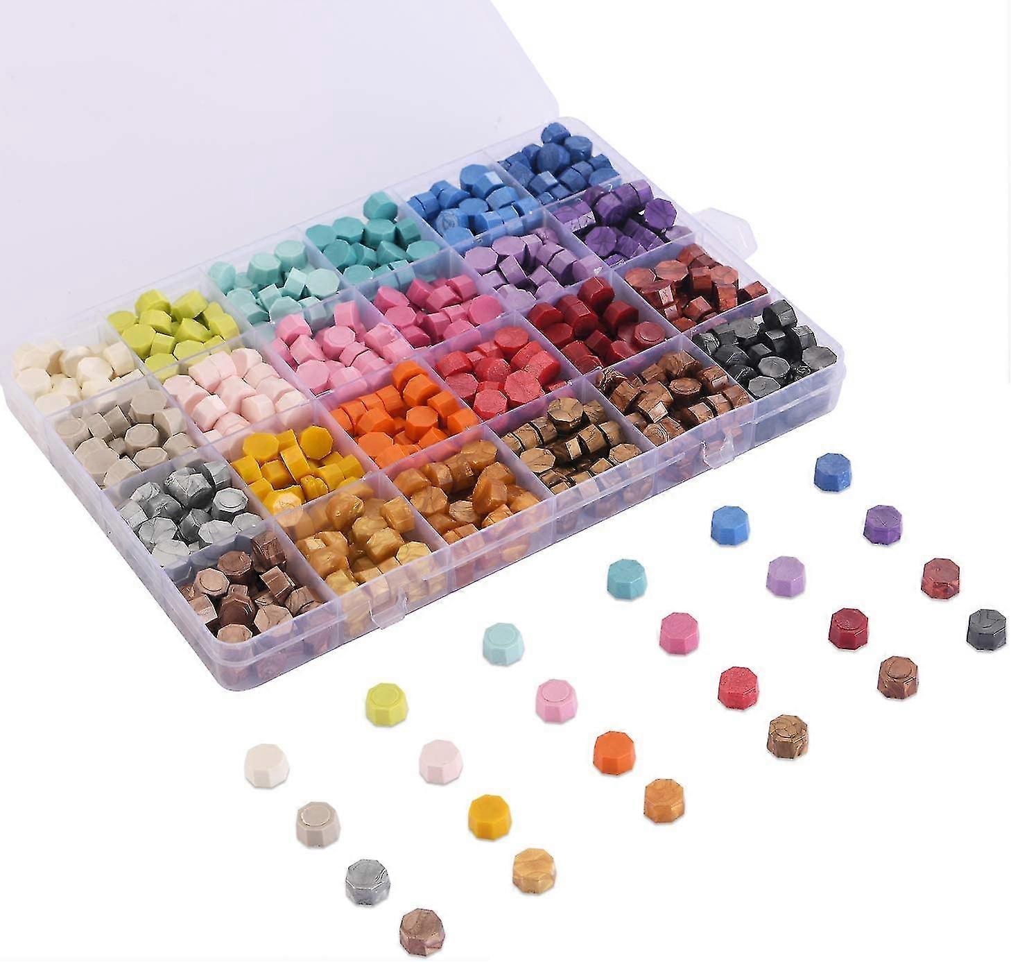 Perles de cire à cacheter emballées dans une boîte en plastique, 24 ou 10 couleurs octogonales