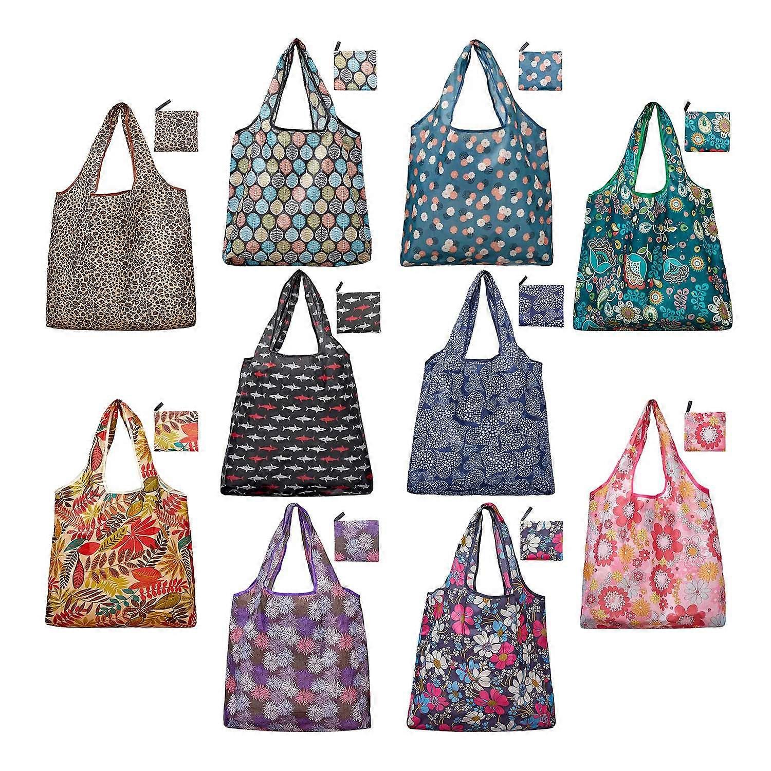 Grocery Bags Reusable Foldable 10 Pack Shopping Tote 50LBS Extra Ripstop Pattern Machine Washable S
