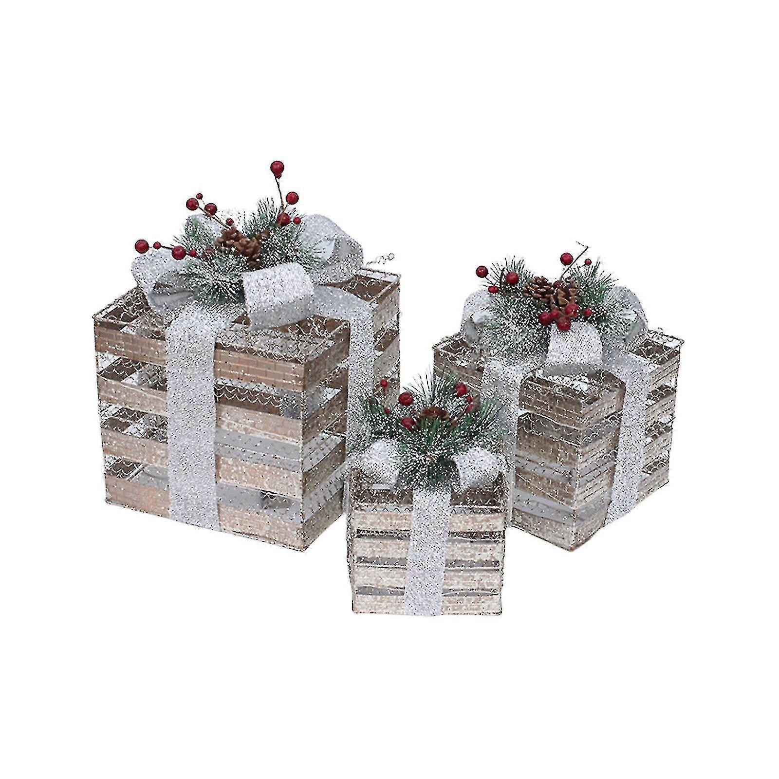 Set Of 3 Christmas Lighted Gift Boxes, Led Light Up Present Boxes Ornament Outdoor Multi Color Tinsel Boxes Decoration For Indoor Christmas Home Yard