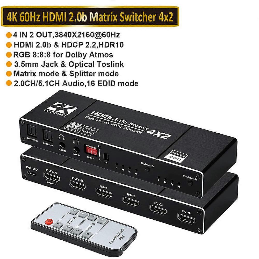 2023 4K@60Hz HDMI Matrix 4x2 Switch Splitter Unterstützung HDCP 2.2 IR Fernbedienung HDMI Switch 4x2 Spdif 4K HDMI 4x2 Matrix Switch