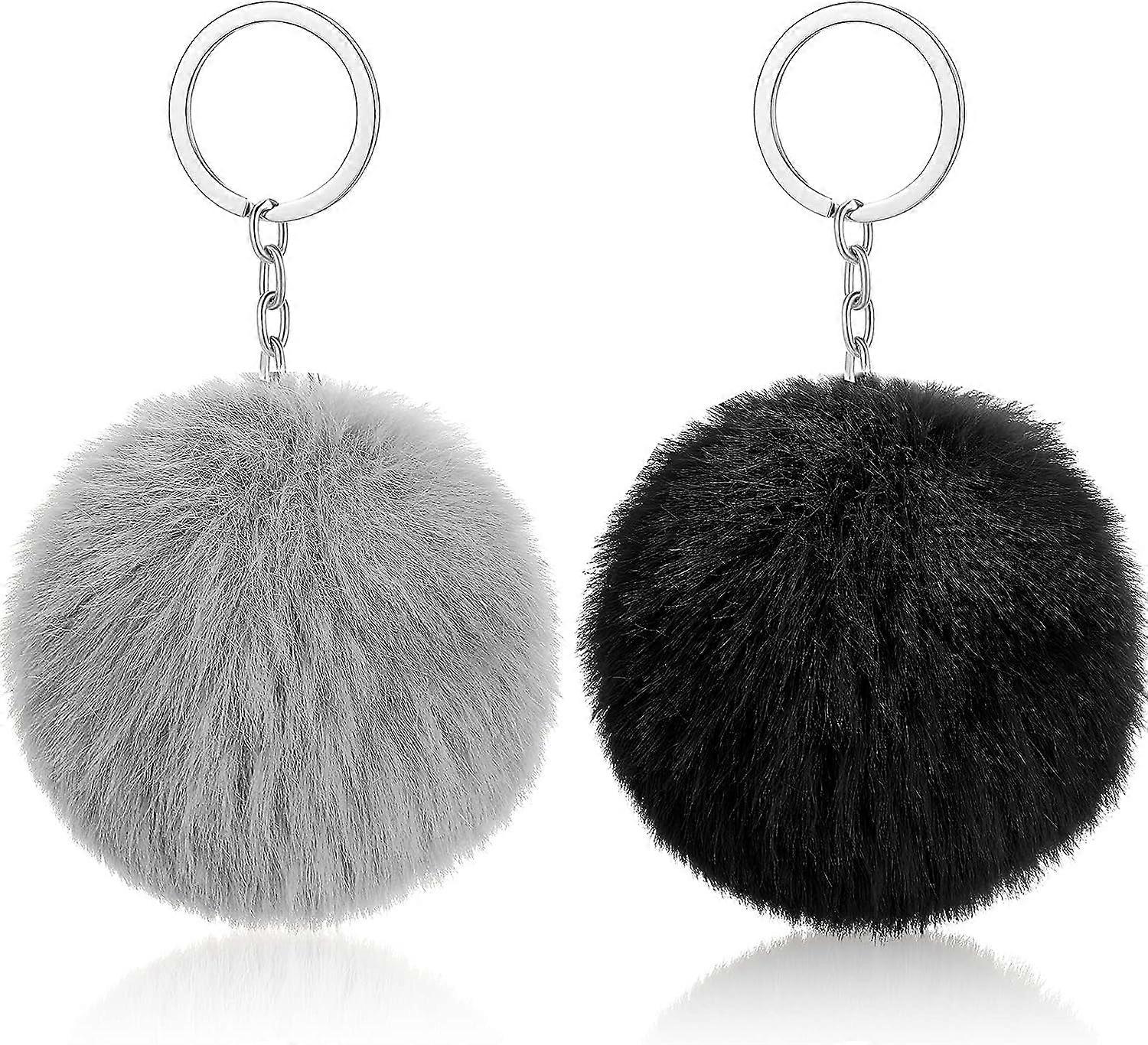 2 Pieces Pompoms Keychains Fluffy Faux Pompoms Key Ring Soft Plush Keyring Ornament Pendant Accessory for Girls WomenGray,Black