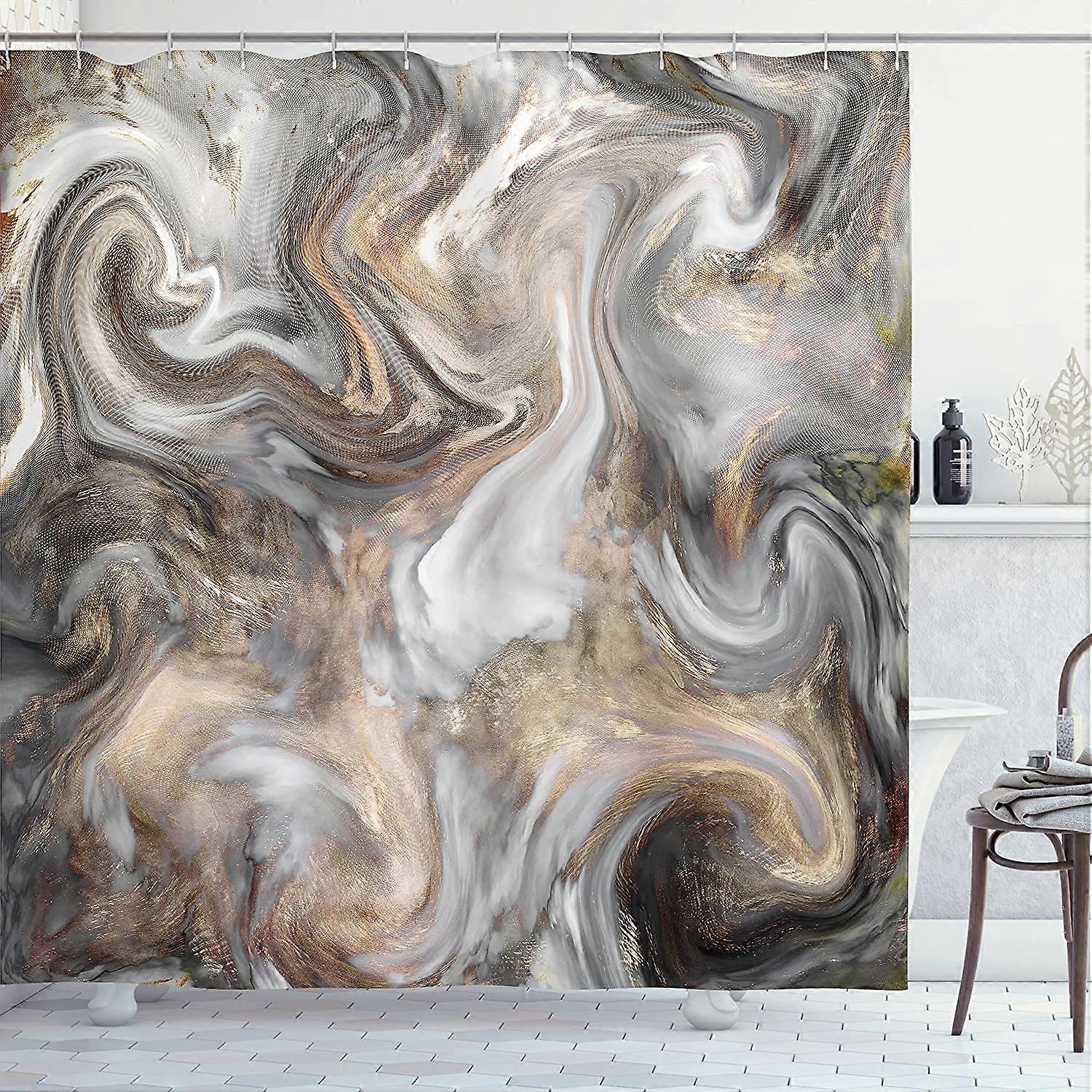 Marble Print Shower Curtain, Retro Style Paintbrush Colors in Marbling Texture Watercolor Art, Cloth Fabric Bathroom Decor Set with Hooks, 69" W x 70"