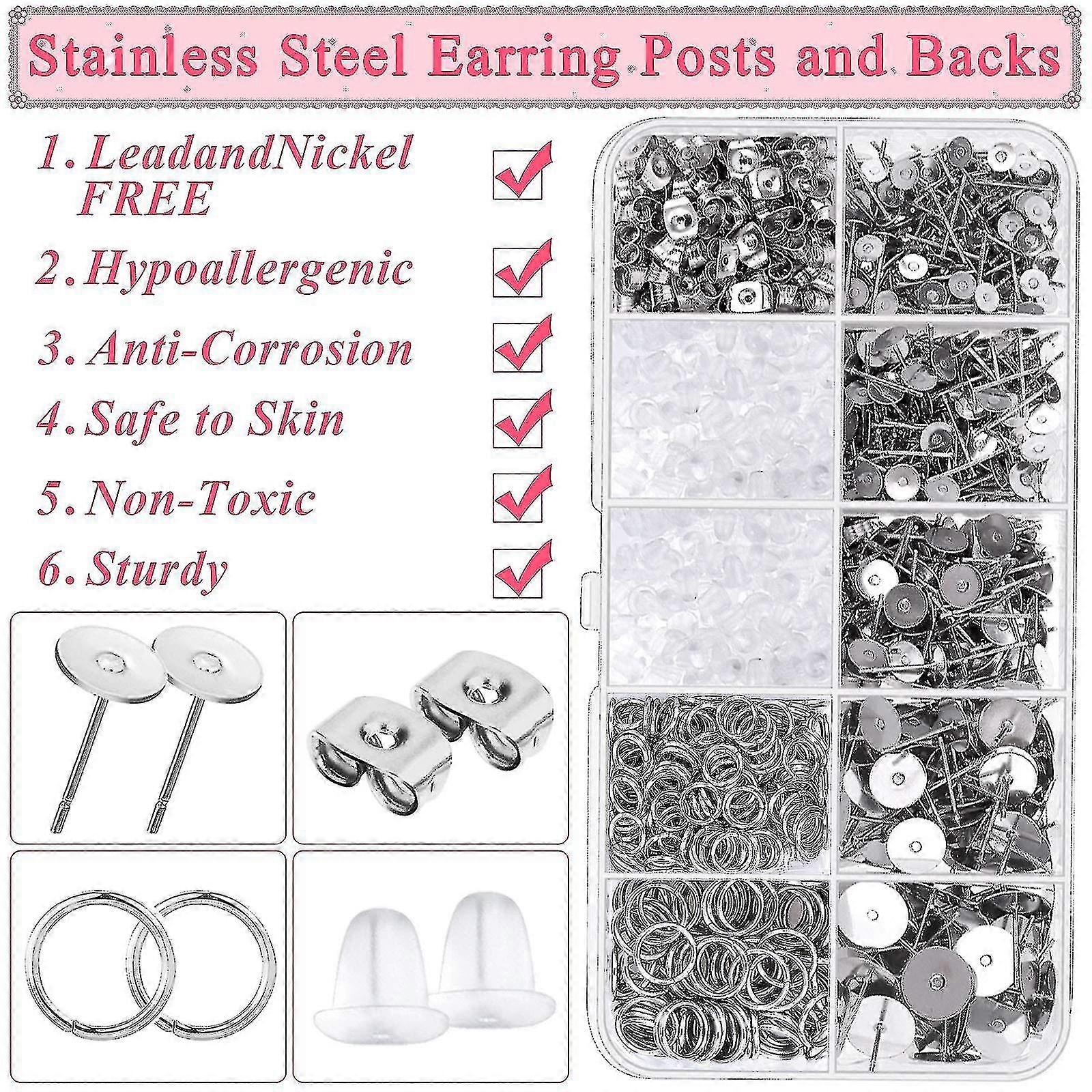 Earring Posts And Backs, 1650pcs Stainless Steel Earring Making Kit Earring Posts Studs, Earring Backs, Jump Rings