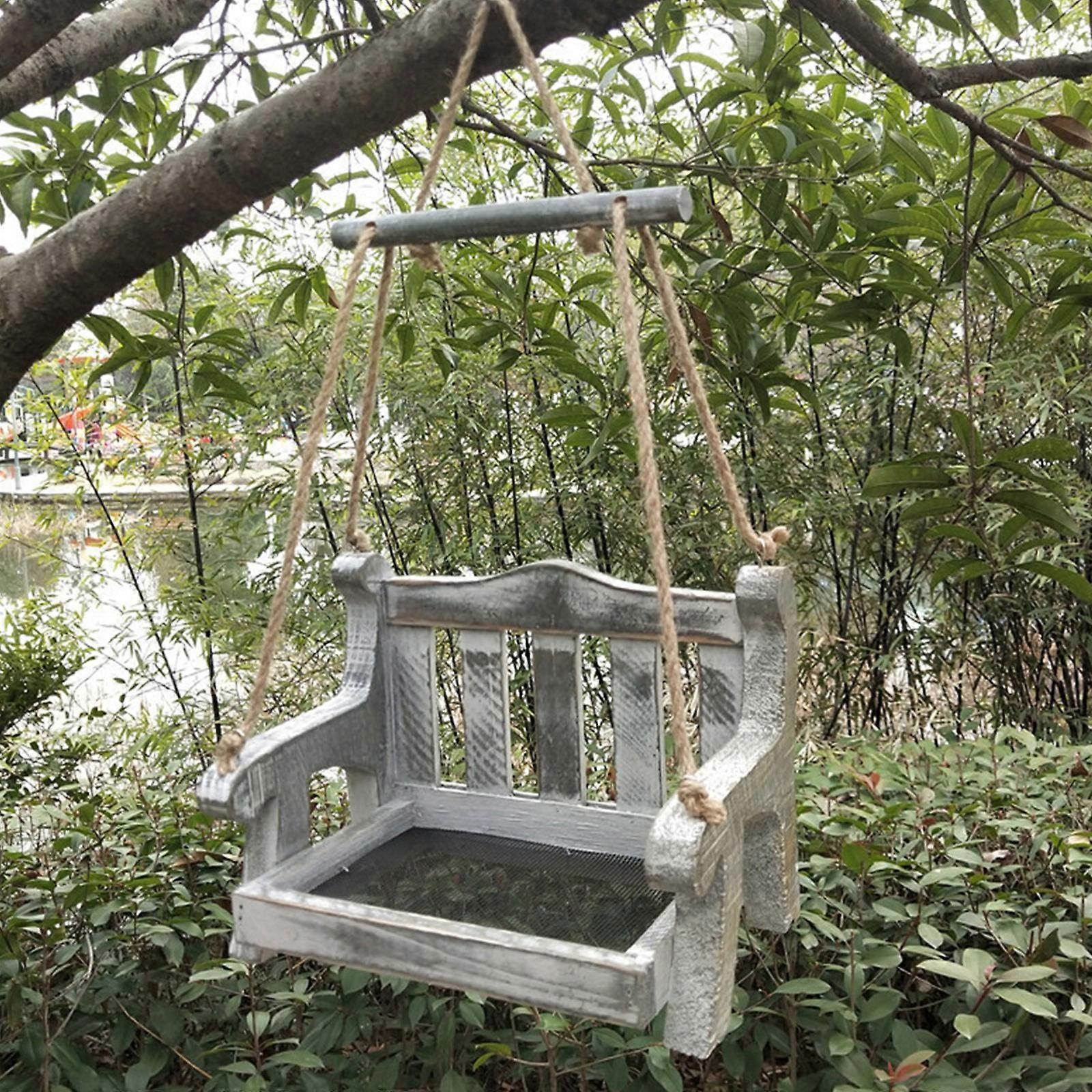 Wooden Garden Swing Seat Bird Feeder Hanging Swinging Tree Ornament Bird Table gray