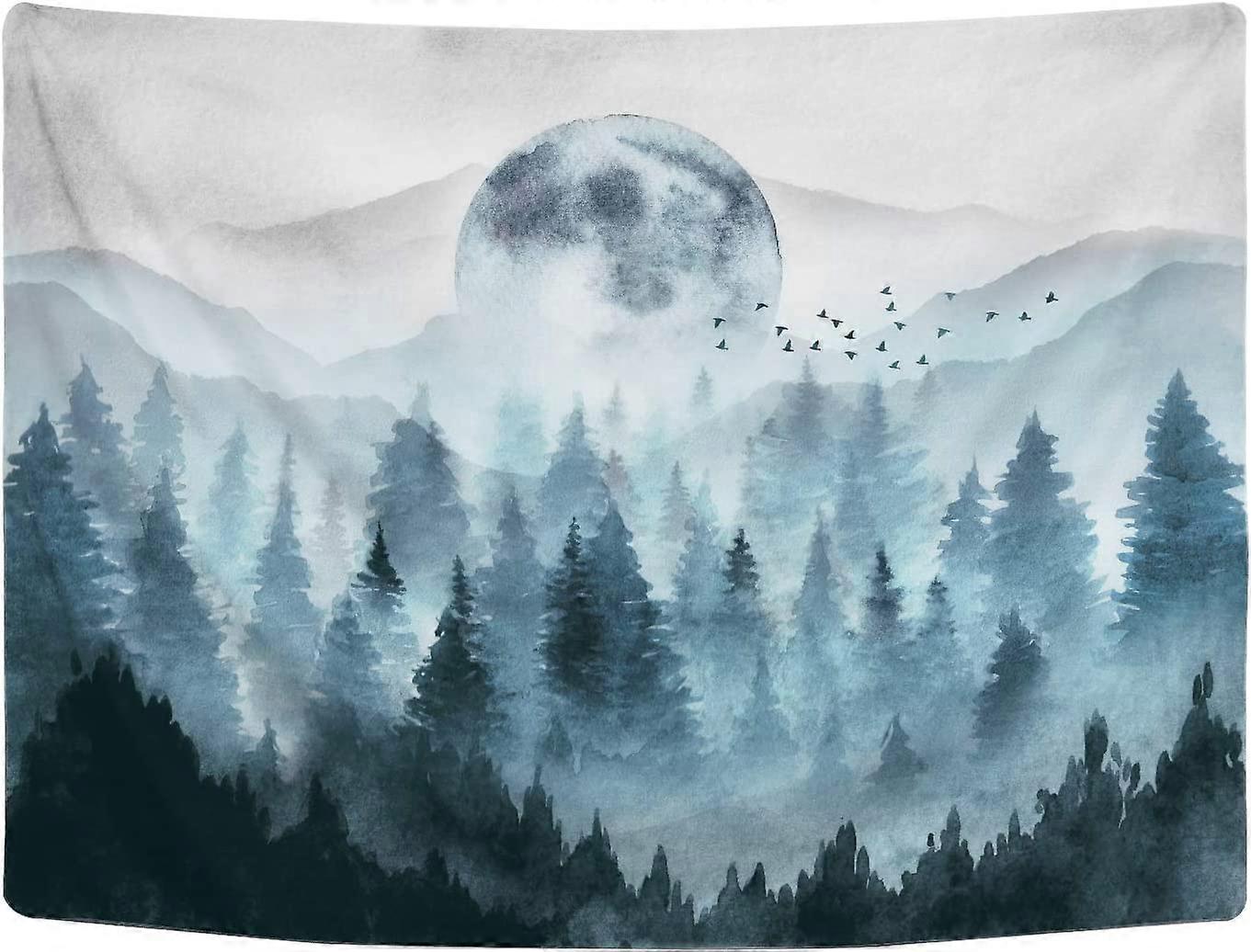 Peisaje psihedelice Tapiserie de perete - Pădure în ceață - Munți infinit - Albastru închis - Soare