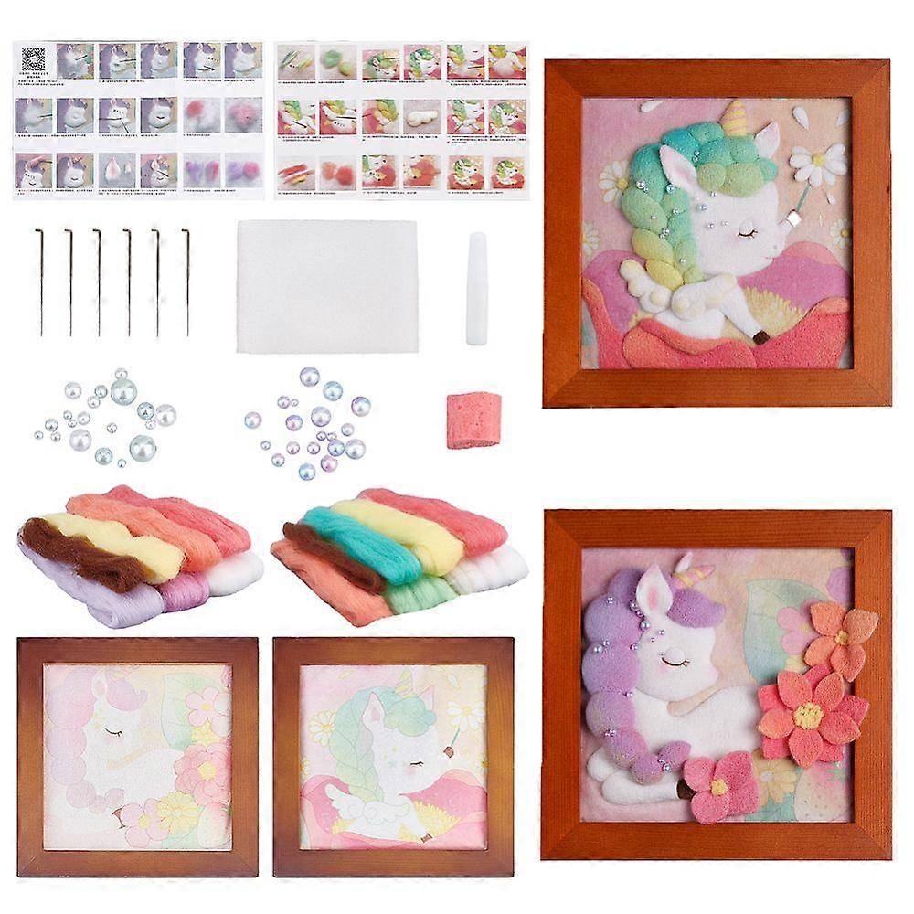 2 Sets 2 Style Unicorn Pattern Photo Frame Needle Felting Kits for Beginners Mixed Color 183x183x20mm 1 set/style