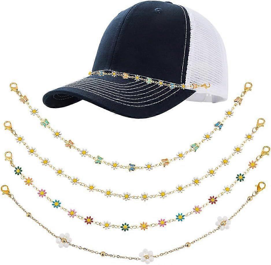 4 Pcs Enamel Daisy Trucker Hat Chain 4 Style Cute Decoration Trucket Hat Charms Brass Alloy Chains for Mesh Baseball Cap Netback Cap Bill Hat Bar Part