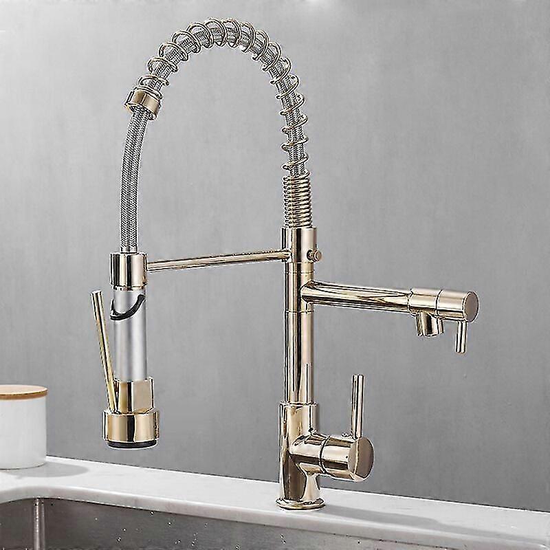 Kitchen Faucet with Extendable Spray 360 Swivel Single Handle Mixer with 2 Spray Modes Gold