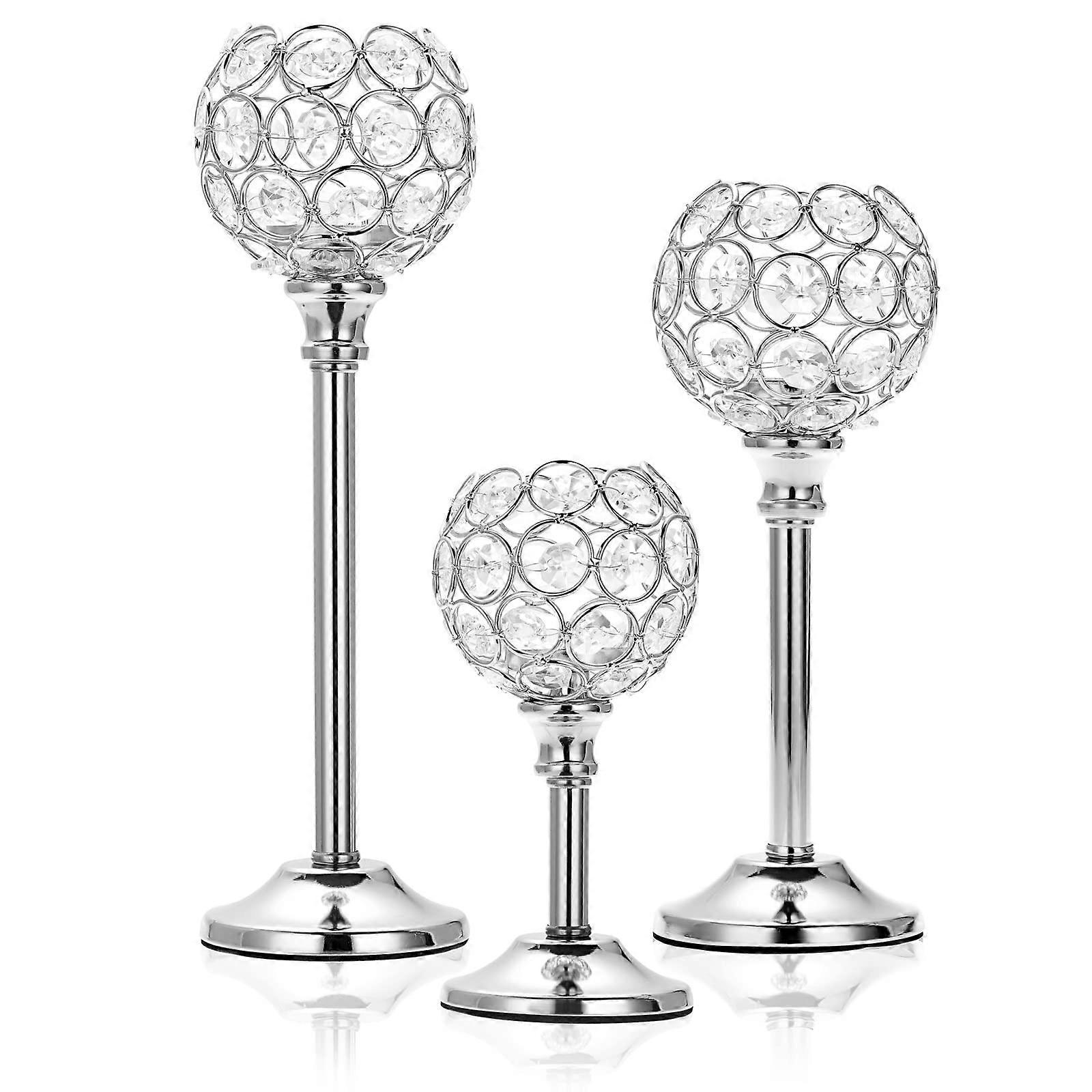 Silver Crystal Candlestick Holders Set of 3 for Dining Table Centerpiece and Wedding Decor, Elegant Home Accent
