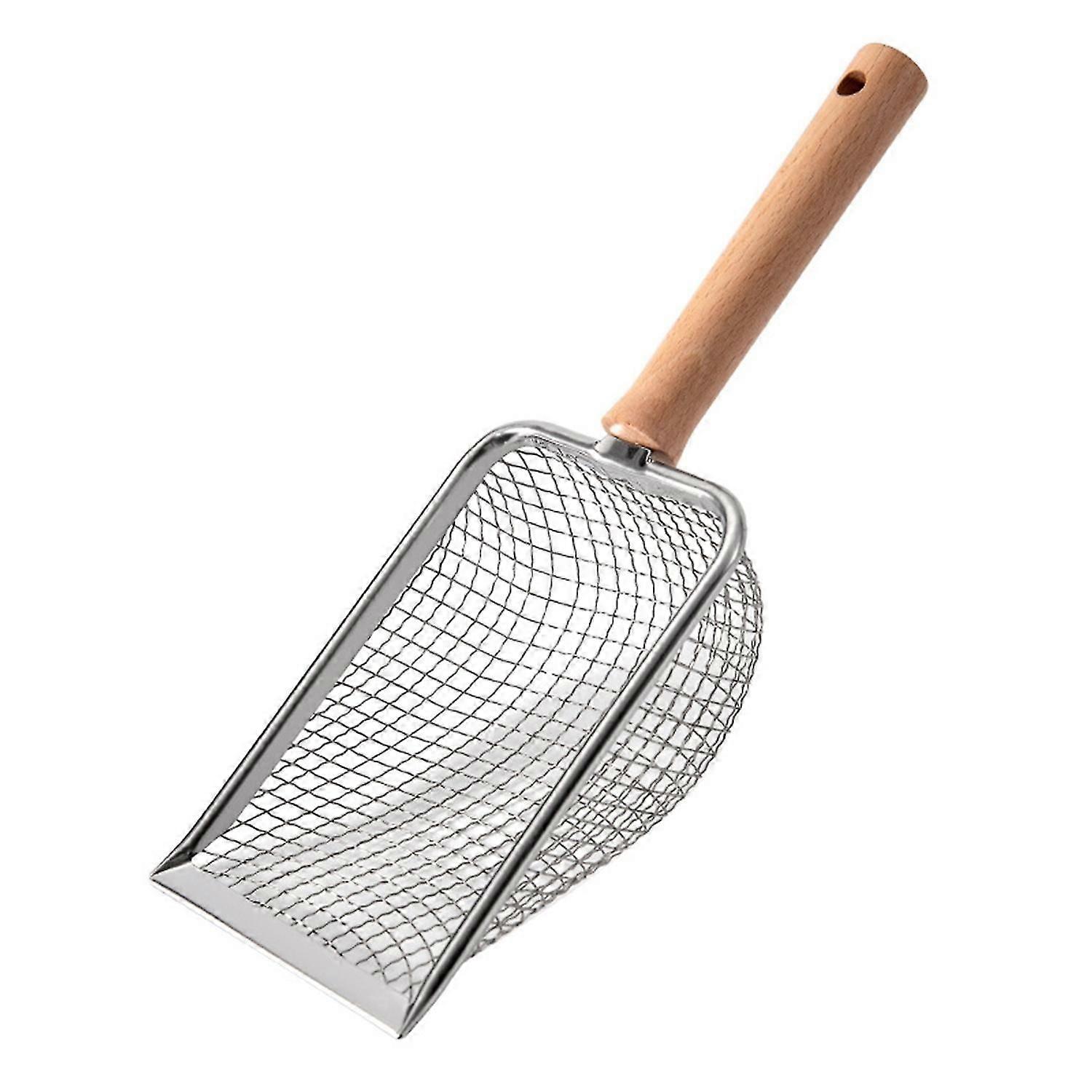 Cat Litter Scooper with Ergonomic Wooden Handle Reusable Hollow Mesh Design Multifunctional Pet