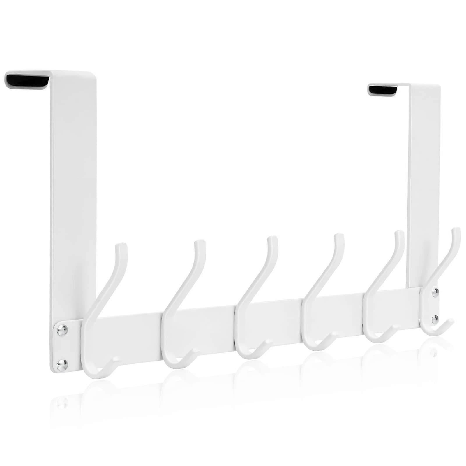 White Over The Door Hooks For Coats Hats And Towels - Heavy Duty Metal Hanger, Space Saving Design, 4 Hooks