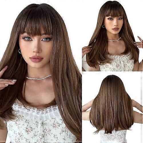 Ladies black root straight brown wig Heat-resistant synthetic wig with bangs Realistic Wig for work parties