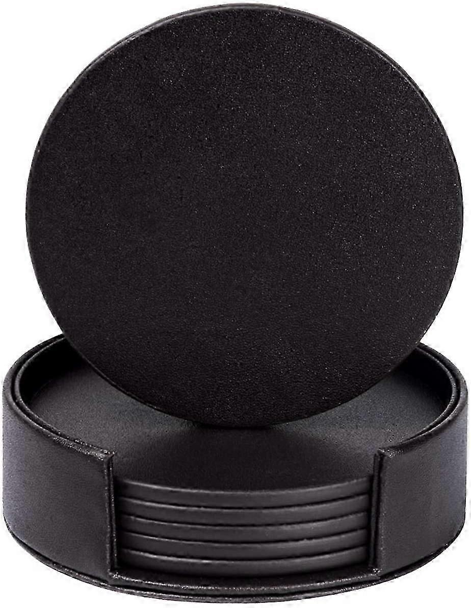 PU Leather Round Coasters, Set of 6, Black