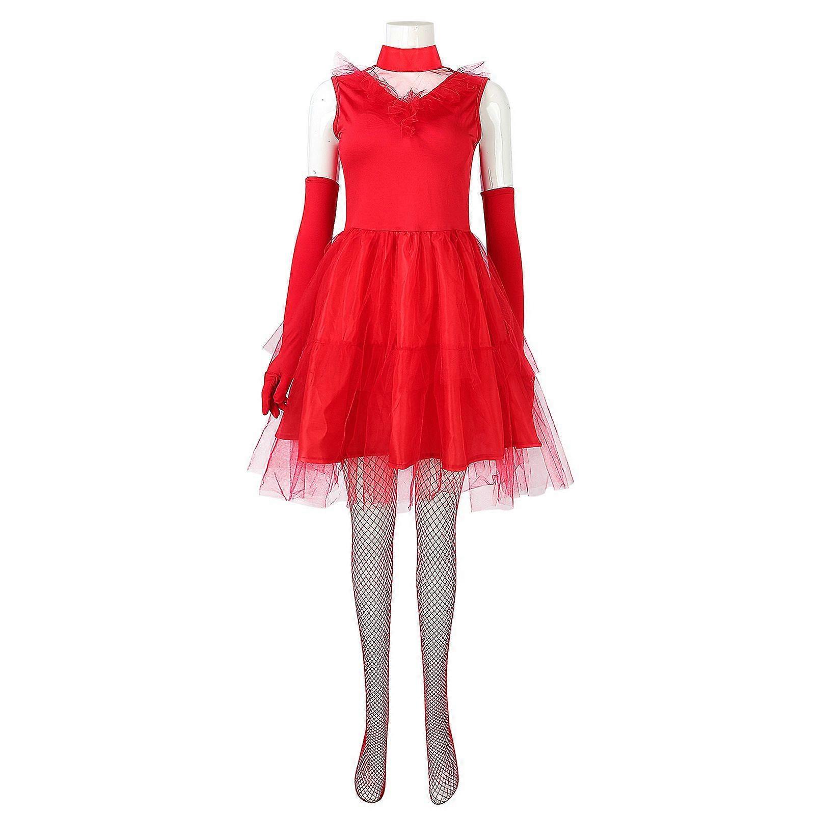 リディアレッドドレスコスプレコスチュームヴィンテージチュールデザイン、手袋とハロウィーンパーティーのためのフィッシュネット