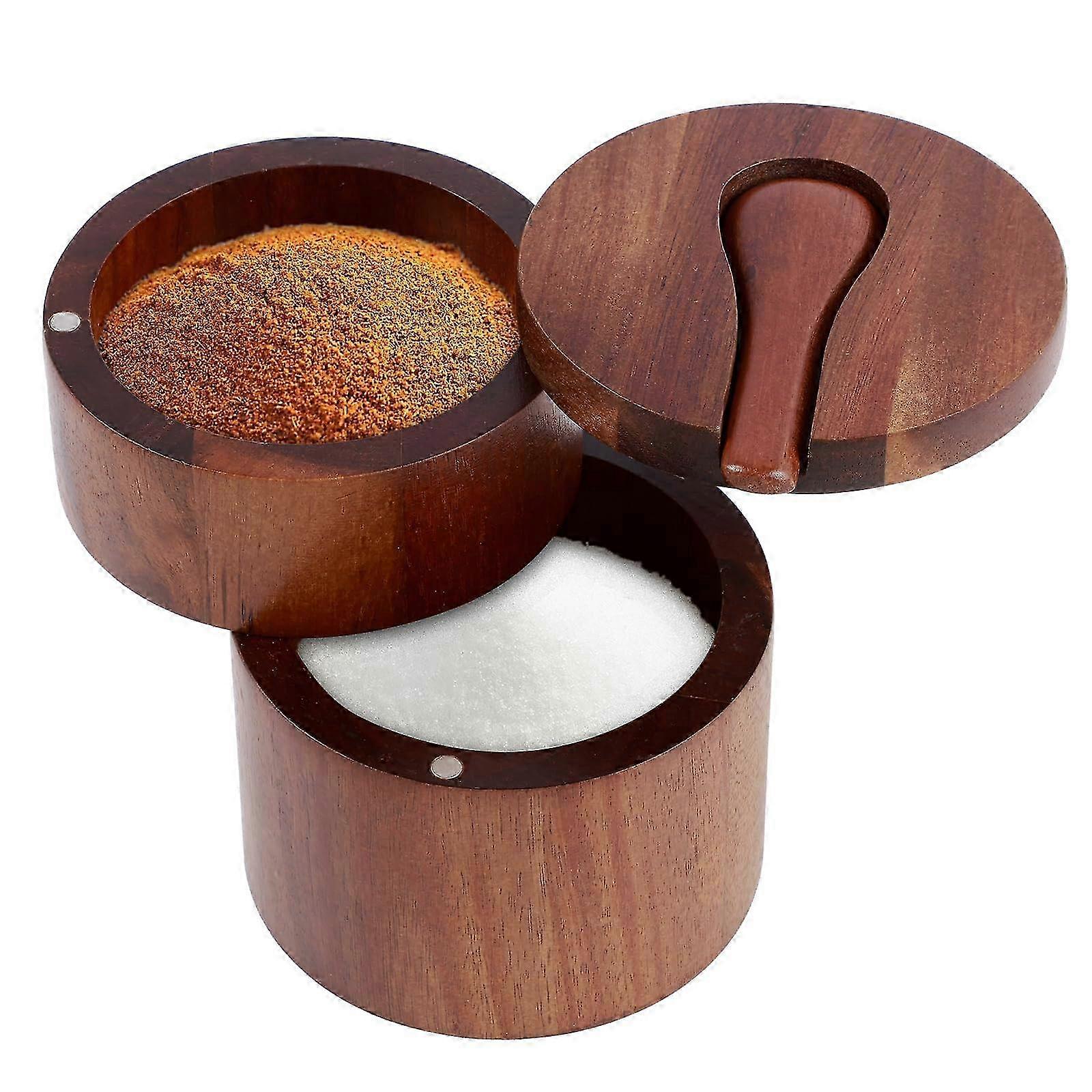 2-Tier Acacia Wood Salt Cellar with Magnetic Lid and Spoon for Seasonings Suitable for Various Spice Brands