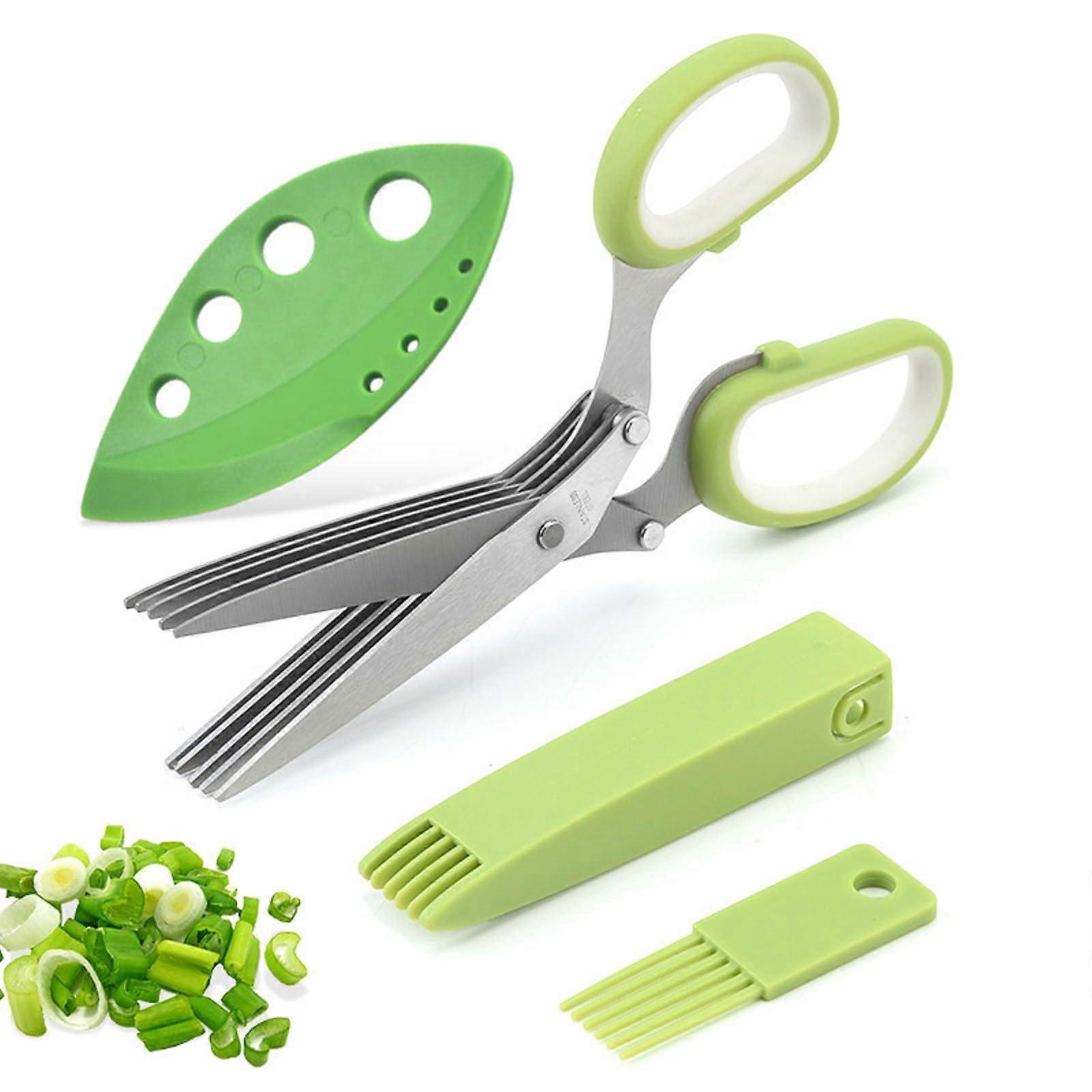 Herb Scissors, Stainless Steel, 5 Blades, with Cover, Cleaning Comb, Herb Stripper