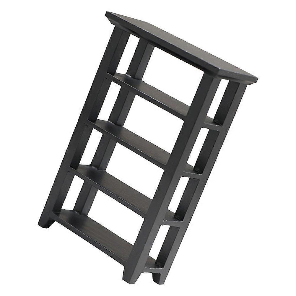 Miniature Wooden Black Four Flower Stand Bookshelf Model for Dollhouse Display – Decorative Living Room Furniture Accessory