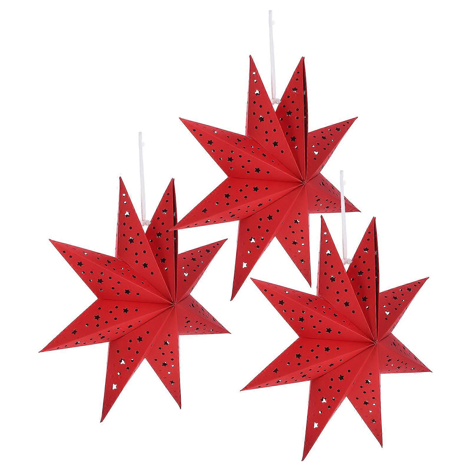 Paper Light Shade Decorative Star Lamp Shade Red Color Nine-Pointed Star Shape 35x35x13cm 3Pcs