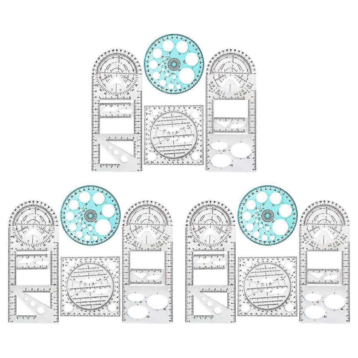 12 Pcs Multifunctional Geometric Ruler Drawing Tools Plastic Ruler Set Mathematics Measuring Circle