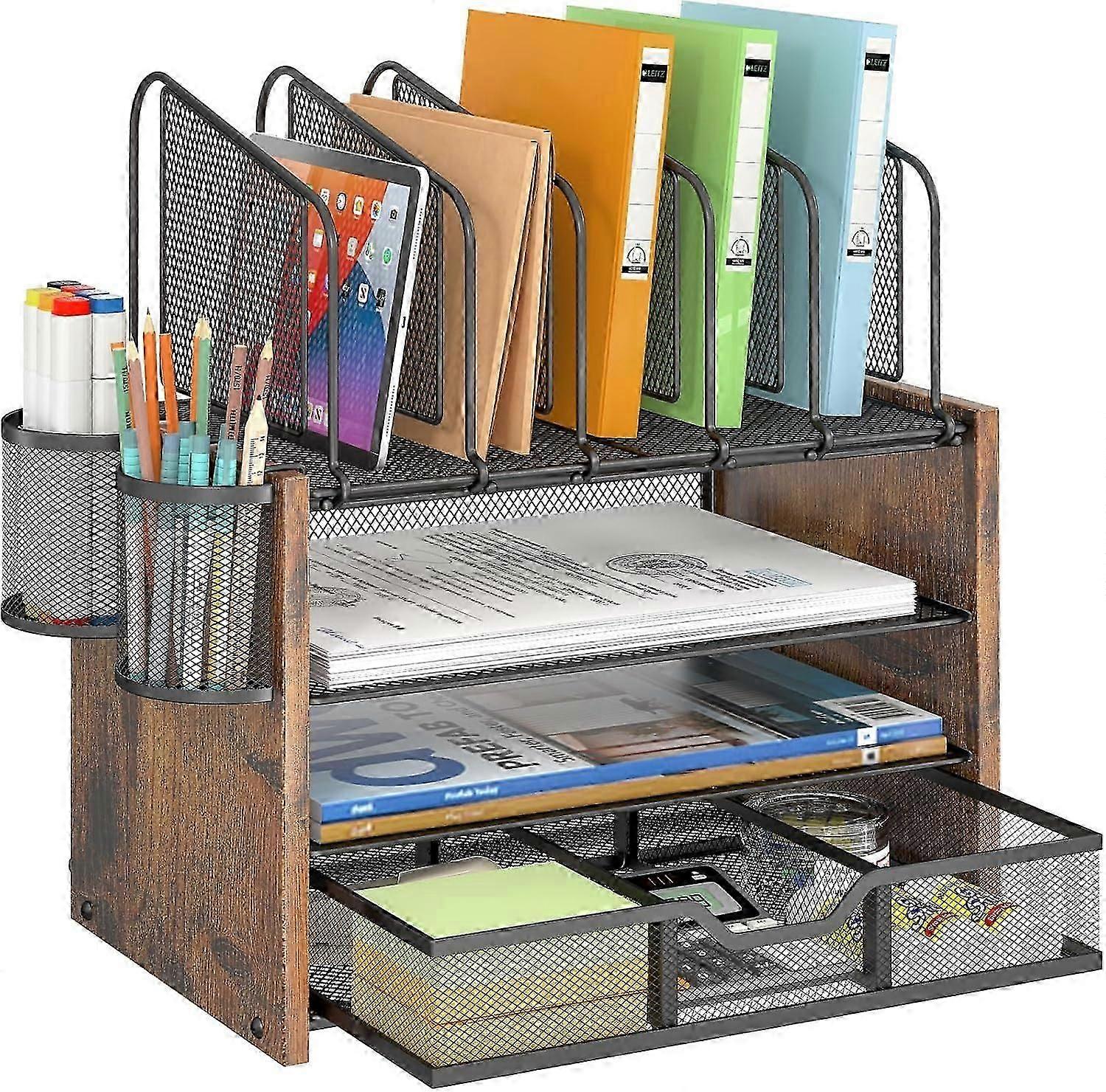 4-Tier Mesh Desk Organizer, Wooden Desk File Organizer with 5 Vertical File Holders and 2 Pen Holders, Desktop Organizer with Drawer, Desk Organizers