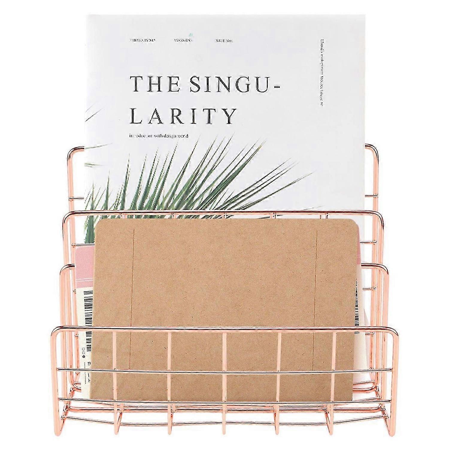 Bookshelf Office Desktop Rose Gold Metal Book Block Three Layer Desktop Magazine Shelf Book Holder