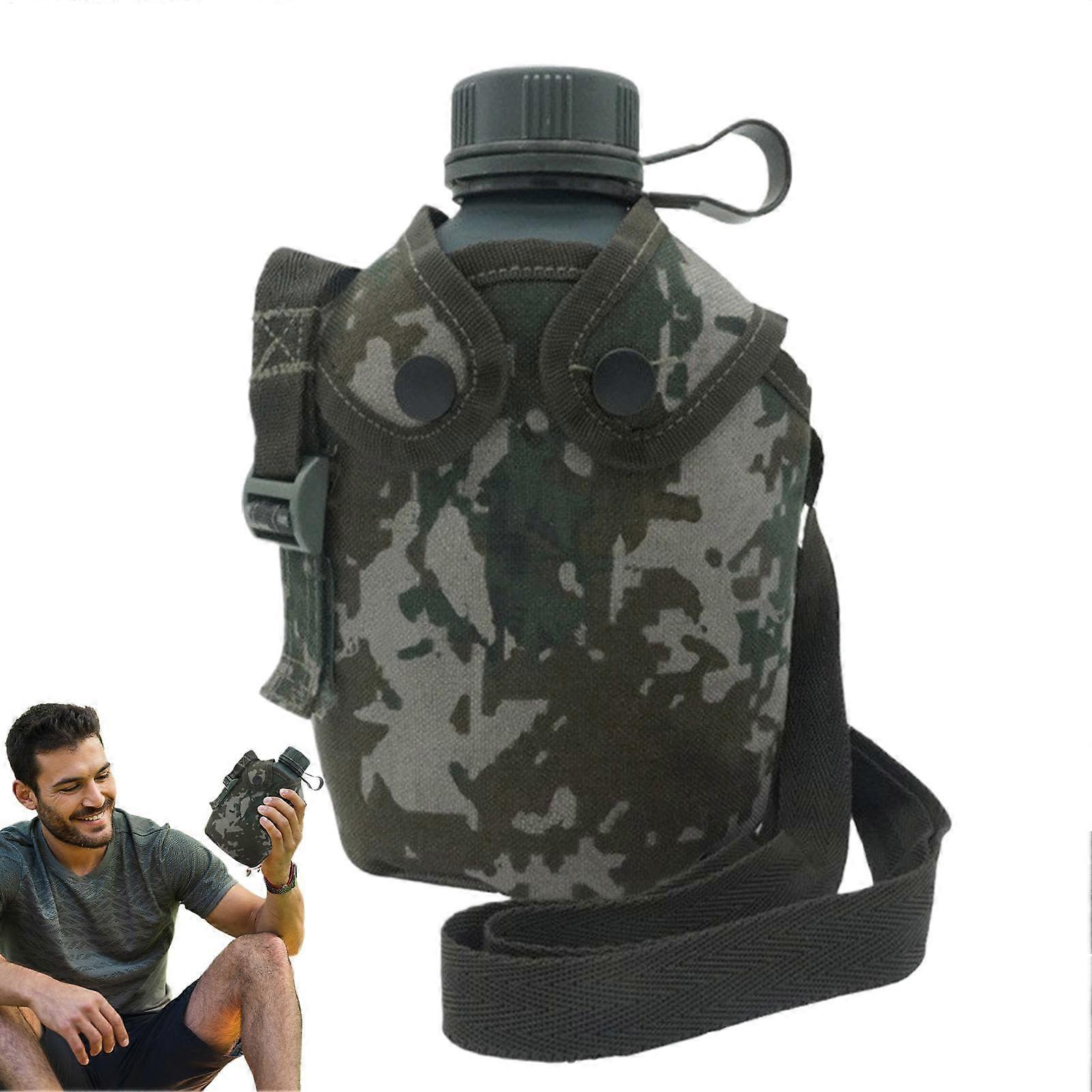 Canteen Water Bottle, 1L Insulated Flask with Camouflage Cover, Durable Hydration Bottle with Strap, Leak Proof