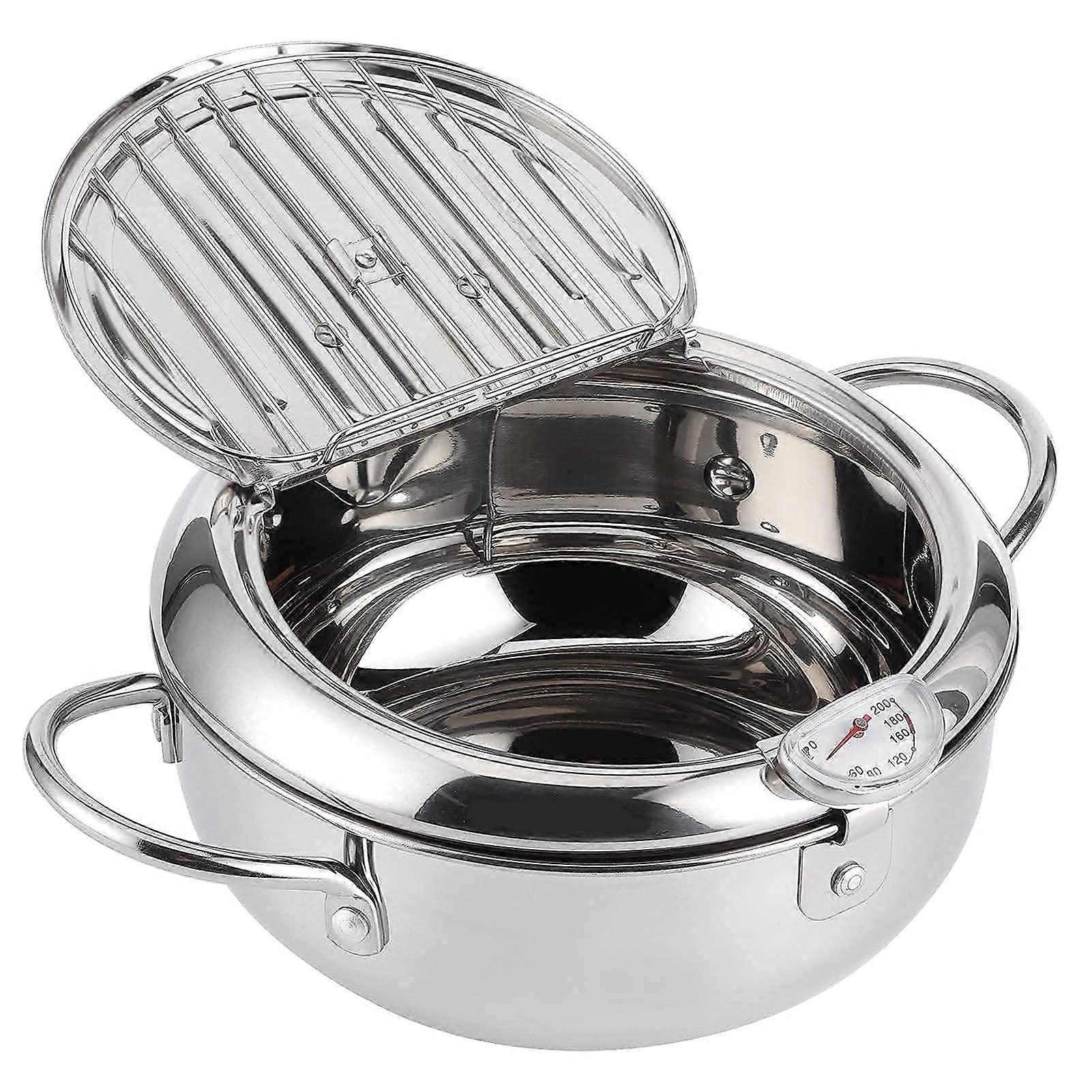 Stainless Steel Fryer Pot, Japanese Style Mini Roasting Pot with Thermometer, Large Induction Compatible 24 cm Size