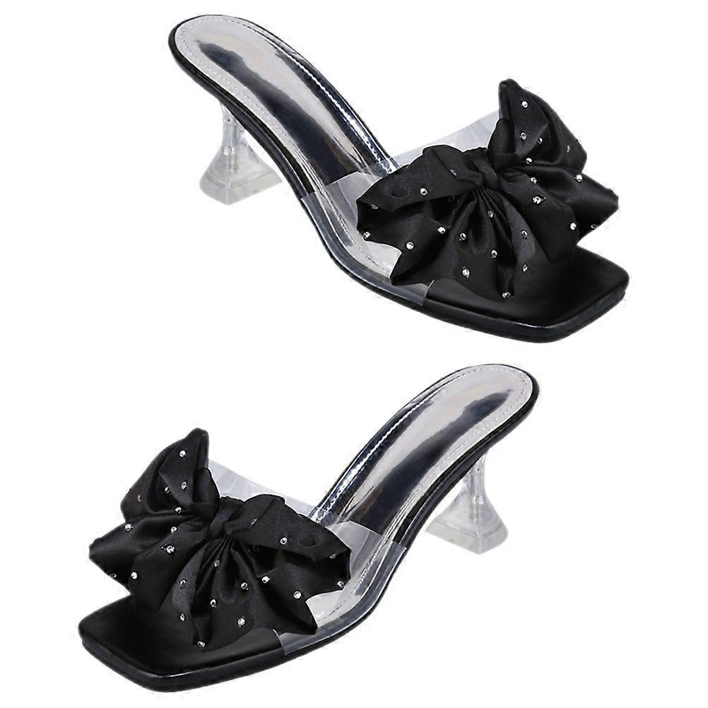 Slim Heel Mules Heels Bow Tie Slippers Black Size 7.5US For Women Stylish 1Pair