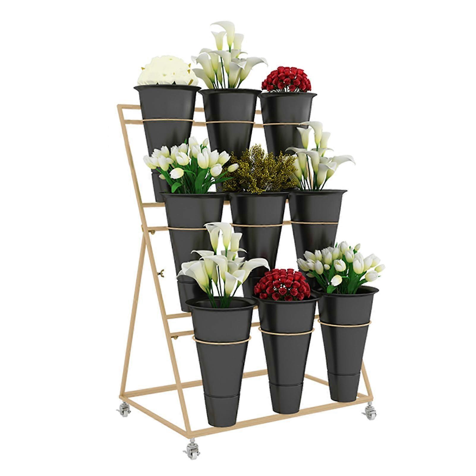 Flower stand with bouquet shelf and buckets, sturdy garden cart, movable flower bucket stand with wheels