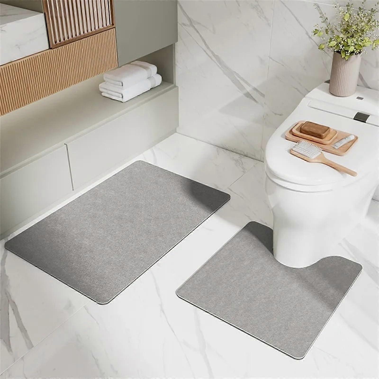Thin Fast-Drying Absorbent Bathroom Mat Set, Modern Rectangular and U-Shape Bath Rug in Gray (Sizes: 60x90cm, 50x50cm)