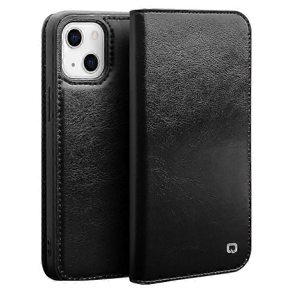 QIALINO For iPhone 13 Top Layer Cowhide Leather Wallet Stand Phone Case Protector