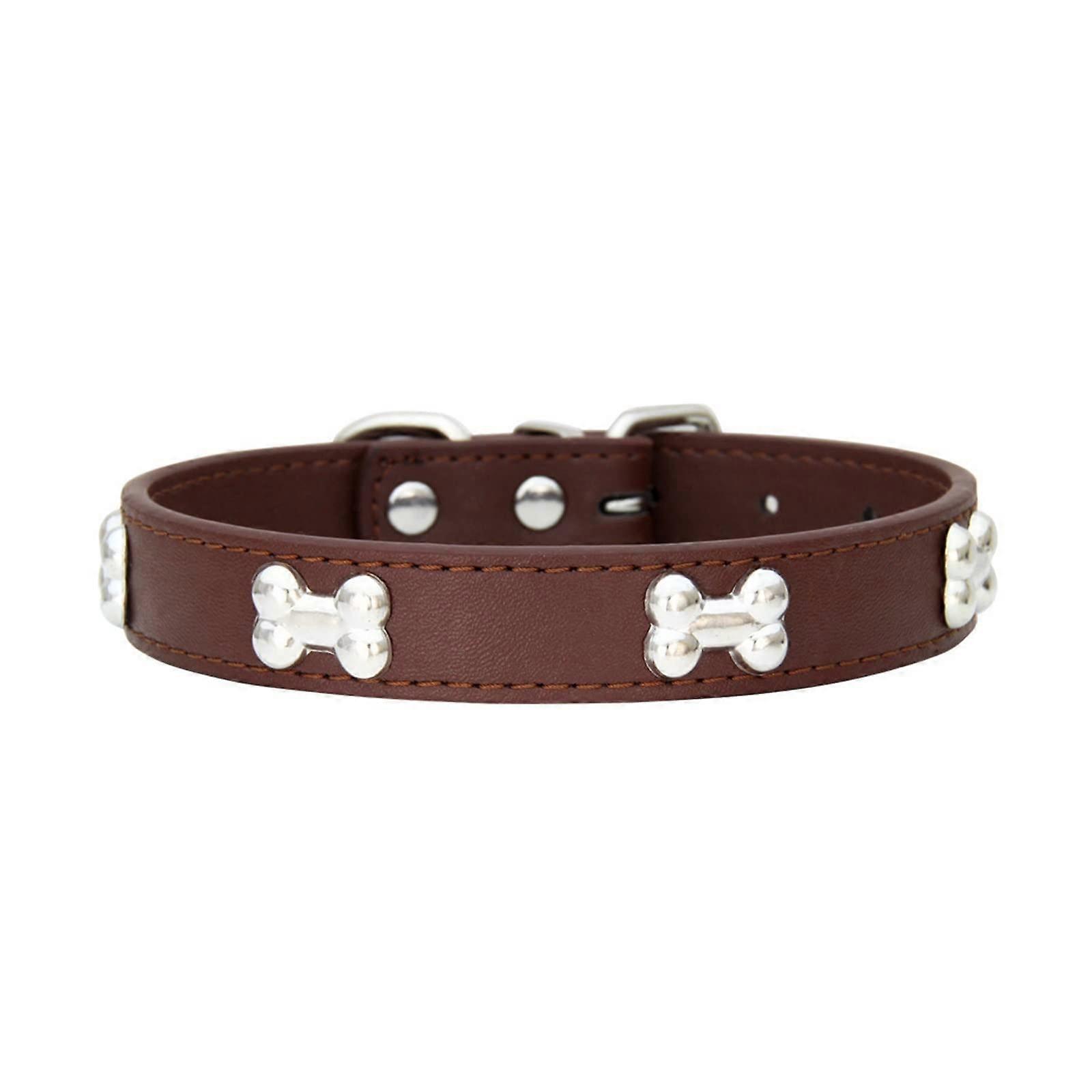 Pet Collar Leather BoneShaped Design For Pug Puppy, M Size, Coffee Color, Durable Dog Collar