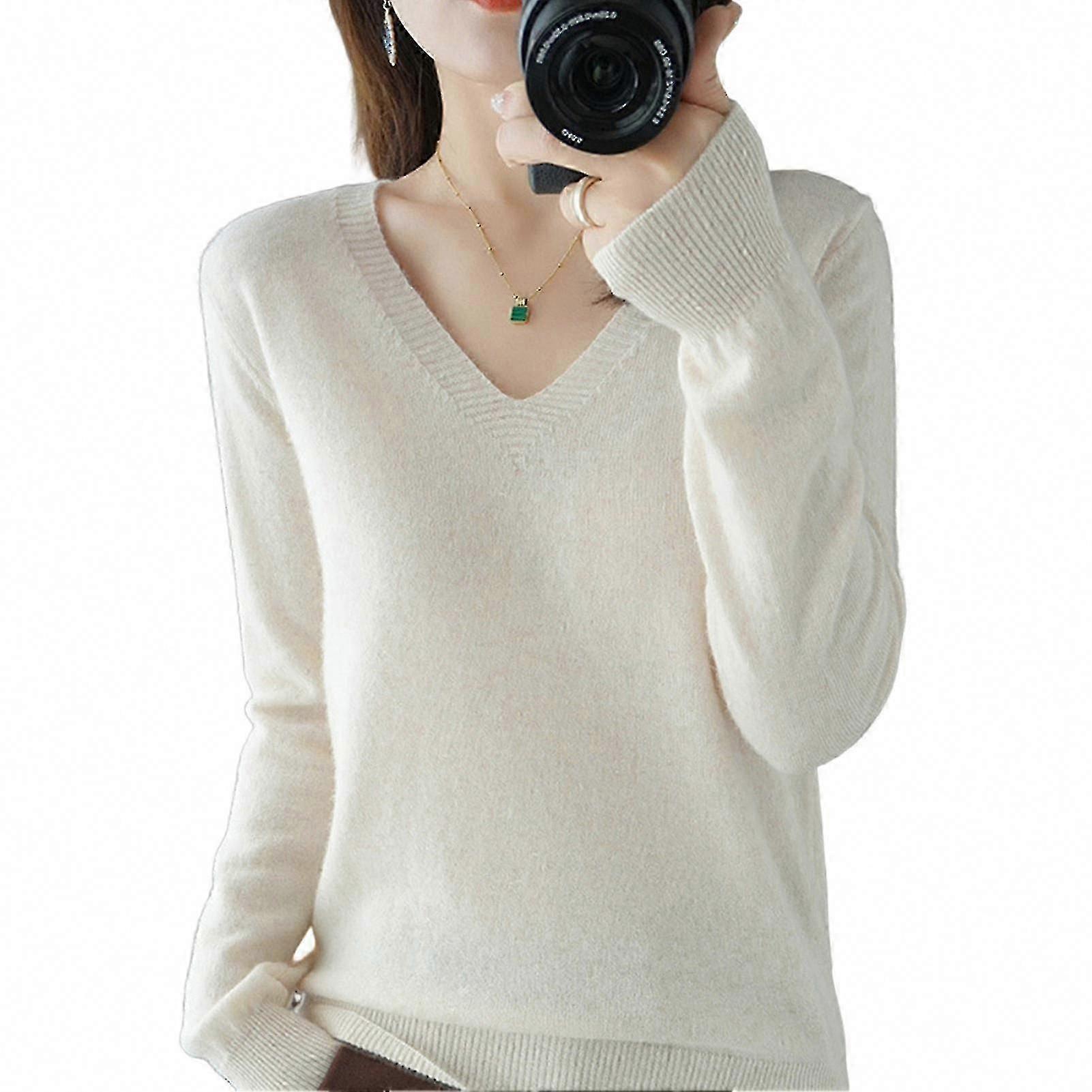 Damen V-Ausschnitt Strickpullover Langarm Wolloberteile