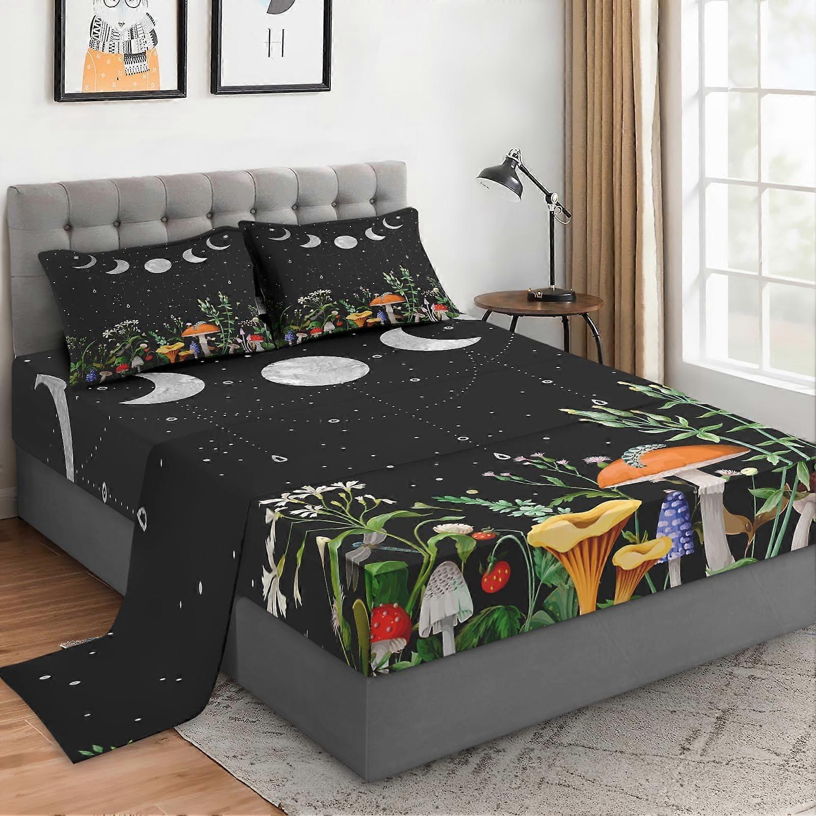 King Size 4 Pcs Bed Fitted Sheet Set 14Inch Deep Pocket Flower Moon Night Sheet Mushroom Floral Bedding 2 Pillowcases
