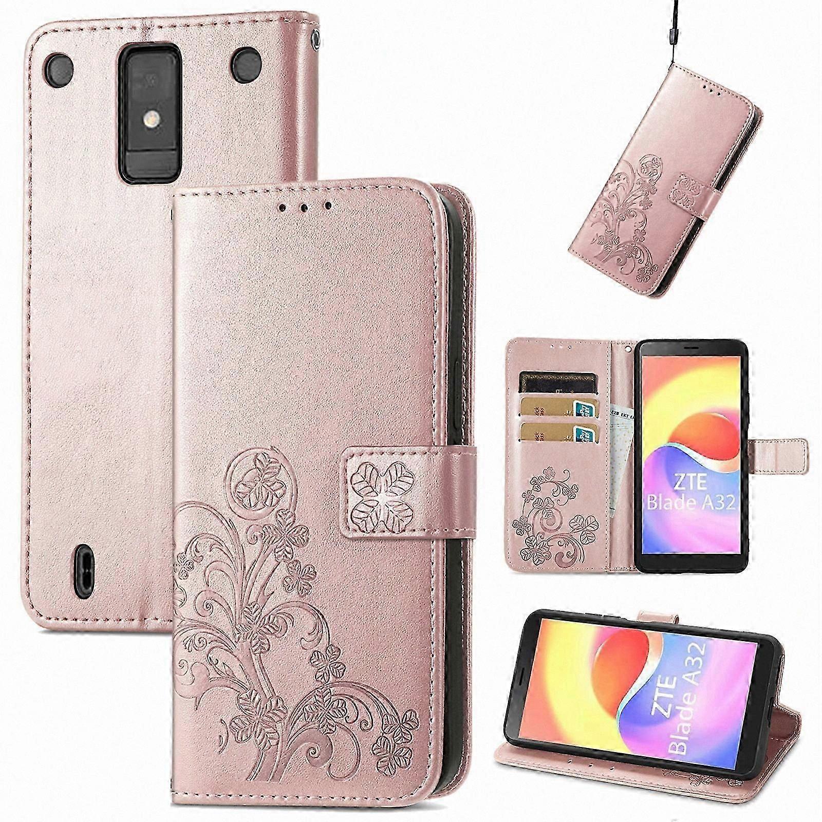 Leather Phone Case with Four-Leaf Clasp and Emed Buckle for ZTE Blade A32