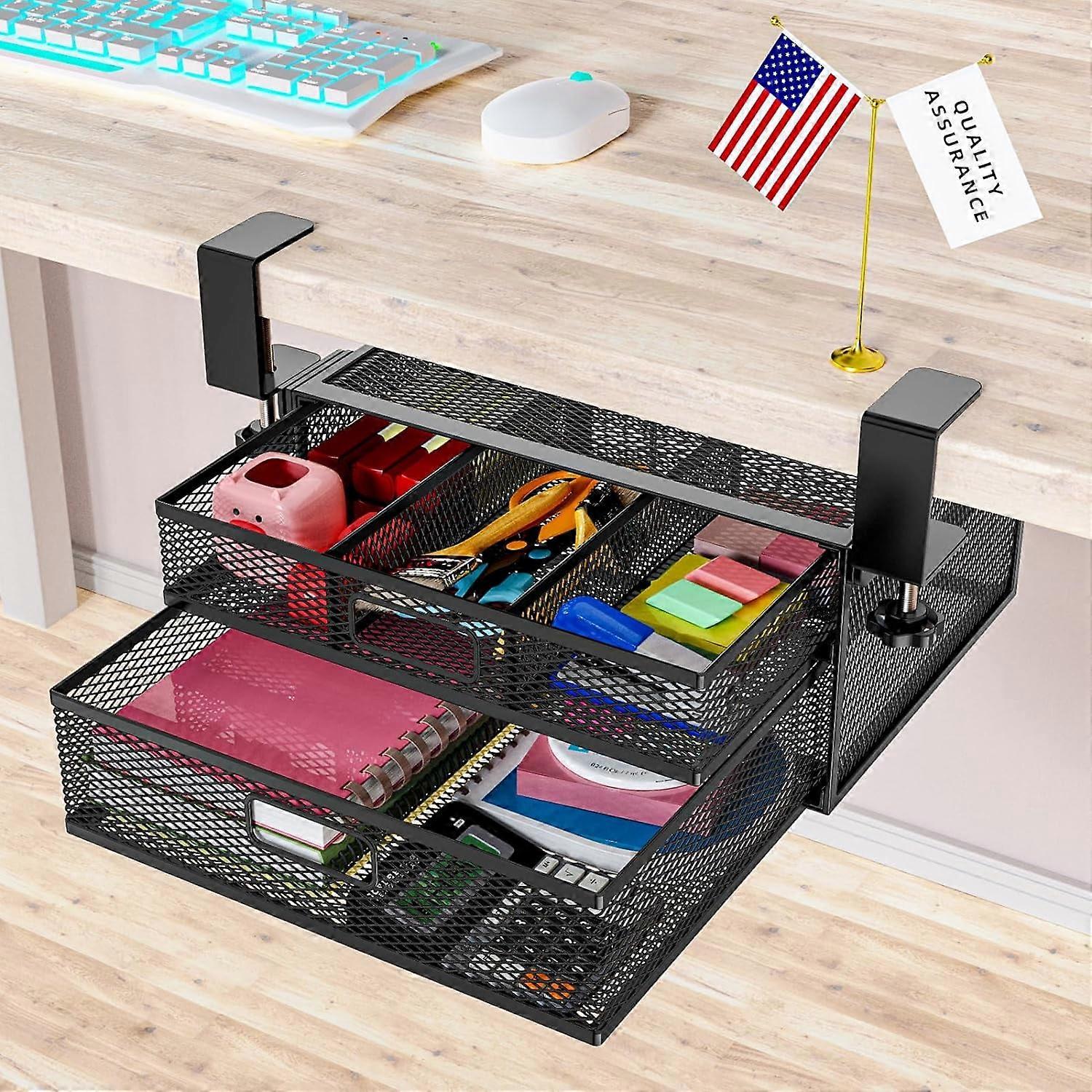 Under Desk Drawer Organizer No Drilling, 2 Slide Out Drawers with Clamp On - Compatible with Home and Office