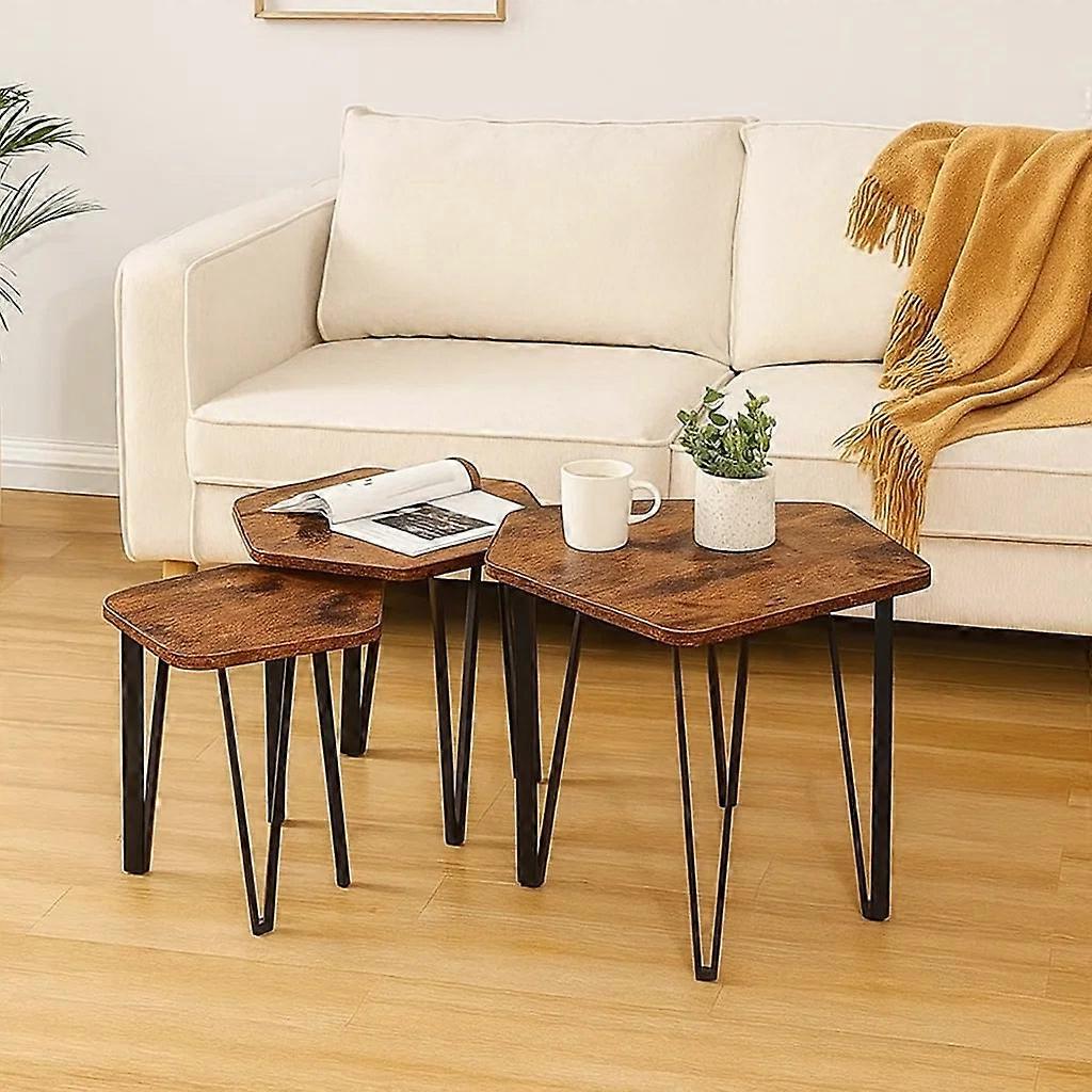 Set Of 3 Rustic Brown Nesting Coffee Tables With Steel Frames - Industrial Style