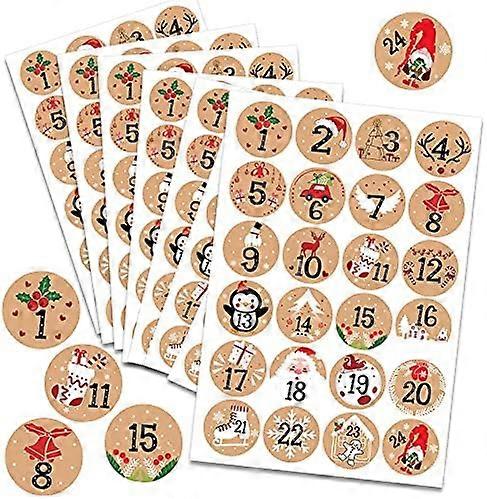HOWAF 192pcs Christmas Advent Stickers 1-24, Round Kraft Countdown Stickers DIY Advent Calendar, Gift Sealing, Xmas Party Supplies, 8 Sheets, 4cm421