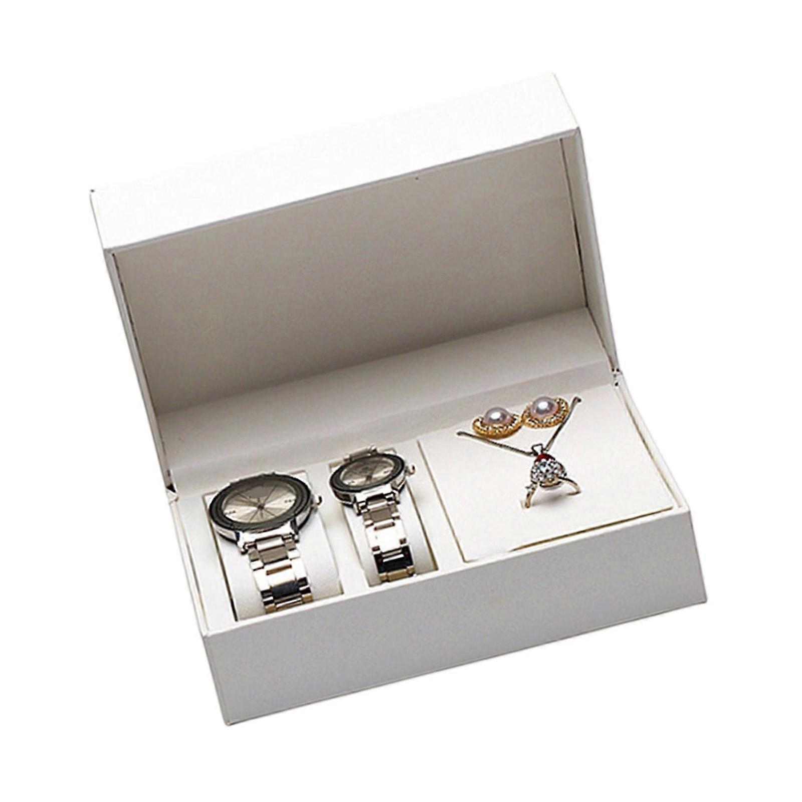 Minimalist White Watch Storage Box Soft PU Lining Multi Layer Compartments Flip Top Jewelry Case Organizers  White