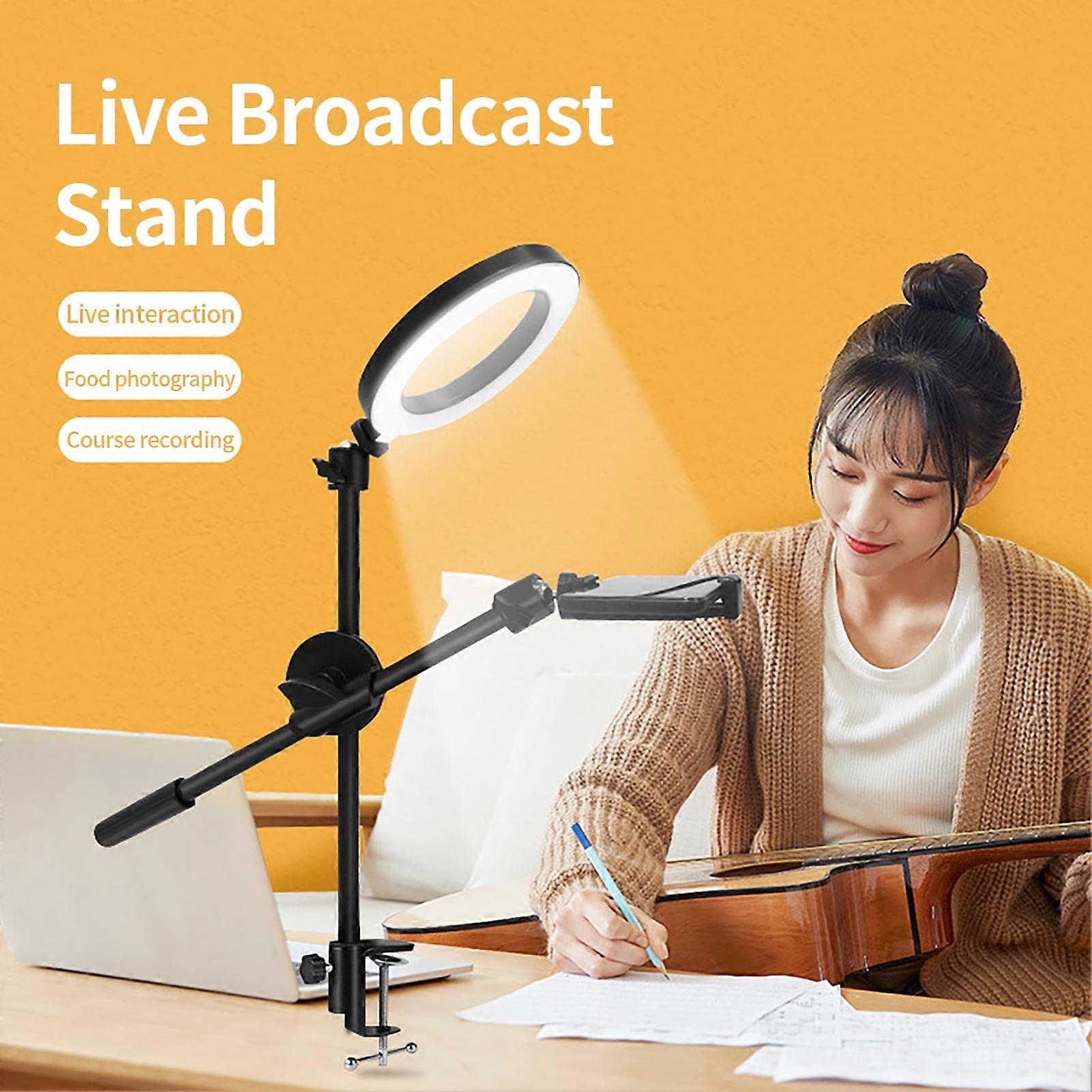Kripyery Live Broadcast Stand Cell Phone Desk Bracket 360 Degrees Rotation Mobile Phone Holder LED Ring Flash Light Tabletop Stand for Studio