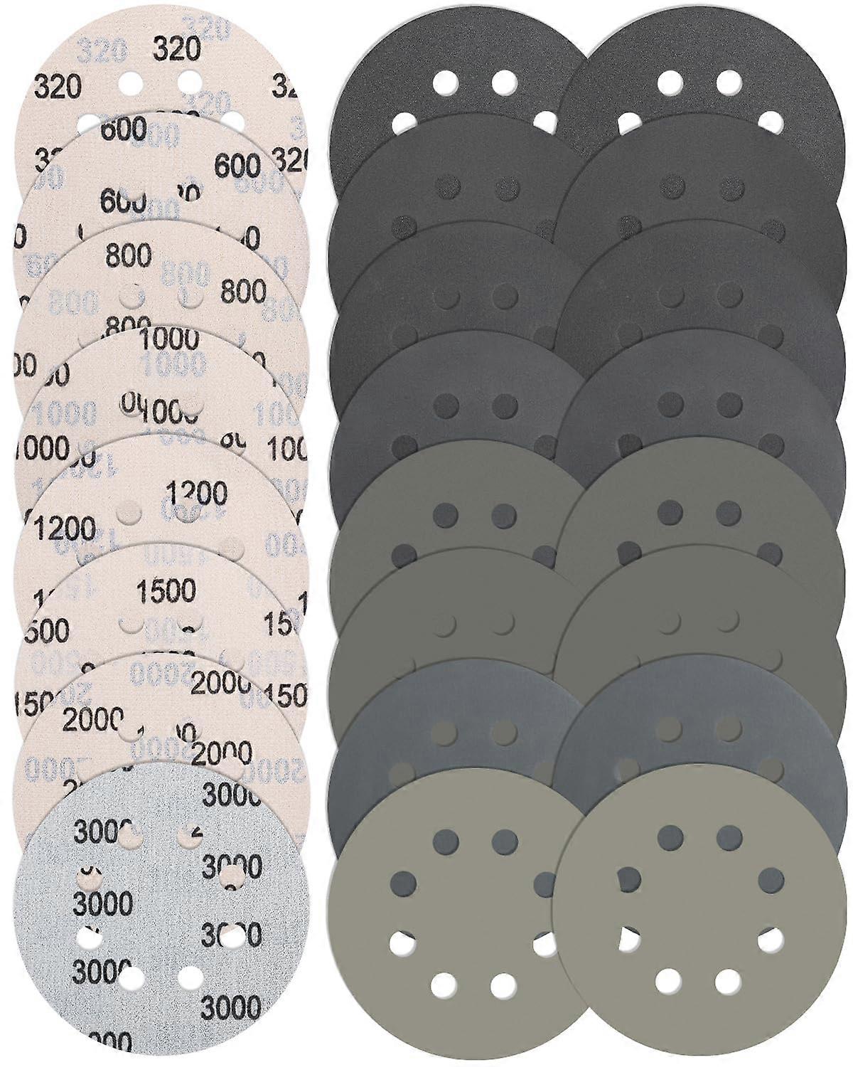 24-piece set of 125mm hook and loop sanding discs, 8 holes, wet/dry sanding discs, grit sizes 320/600/800/1000/1200/1500/2000/3000, for fine rand