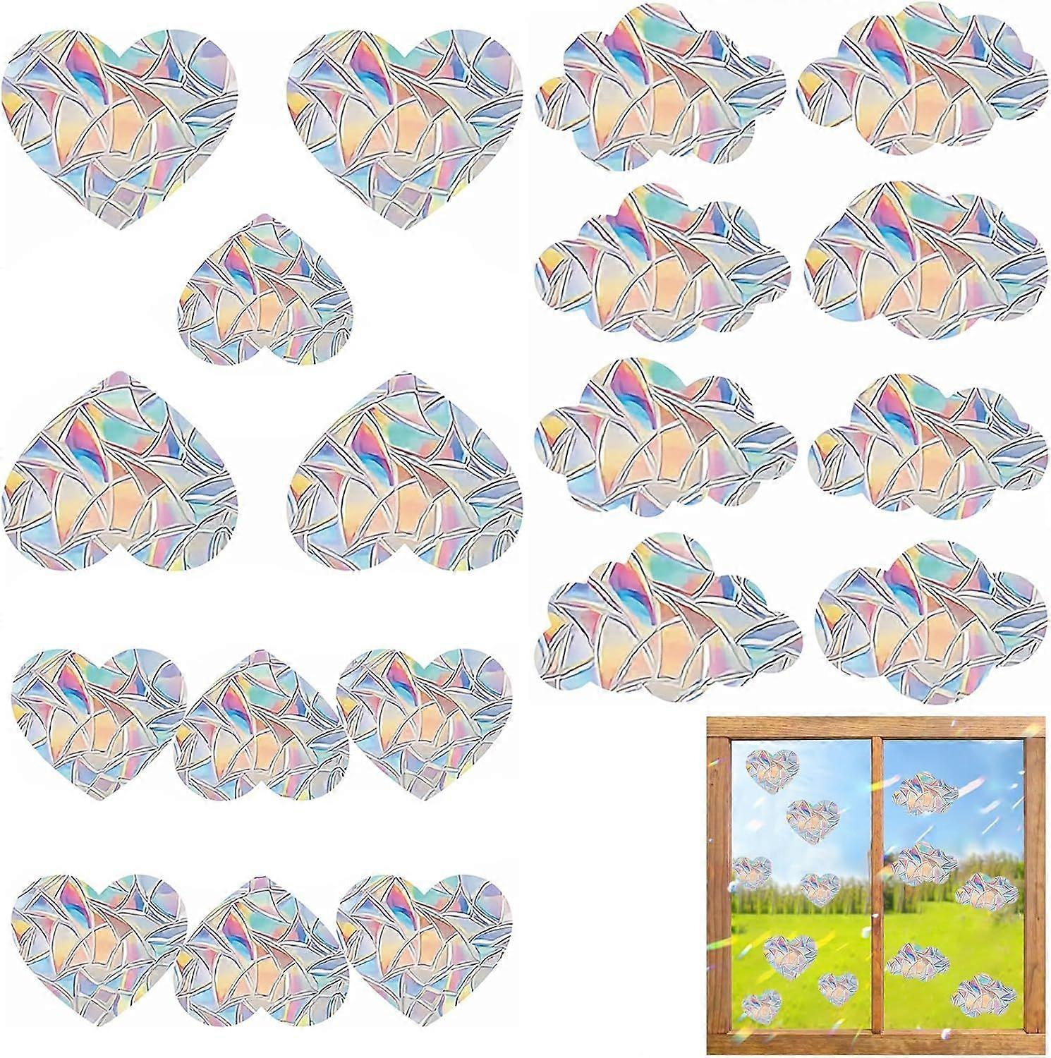 19 Rainbow Window Stickers in Cloud & Heart Shapes, 3D Decorative Window Film, Static Cling Without Glue, Anti-Collision Protection for Kitchen, Dinin