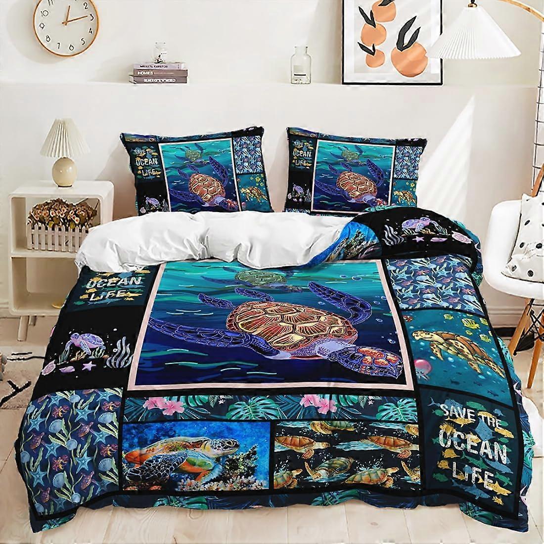 King Size Cotton Duvet Cover Set with Sea Turtle Pattern Ocean Theme Bedding for Kids and Teens