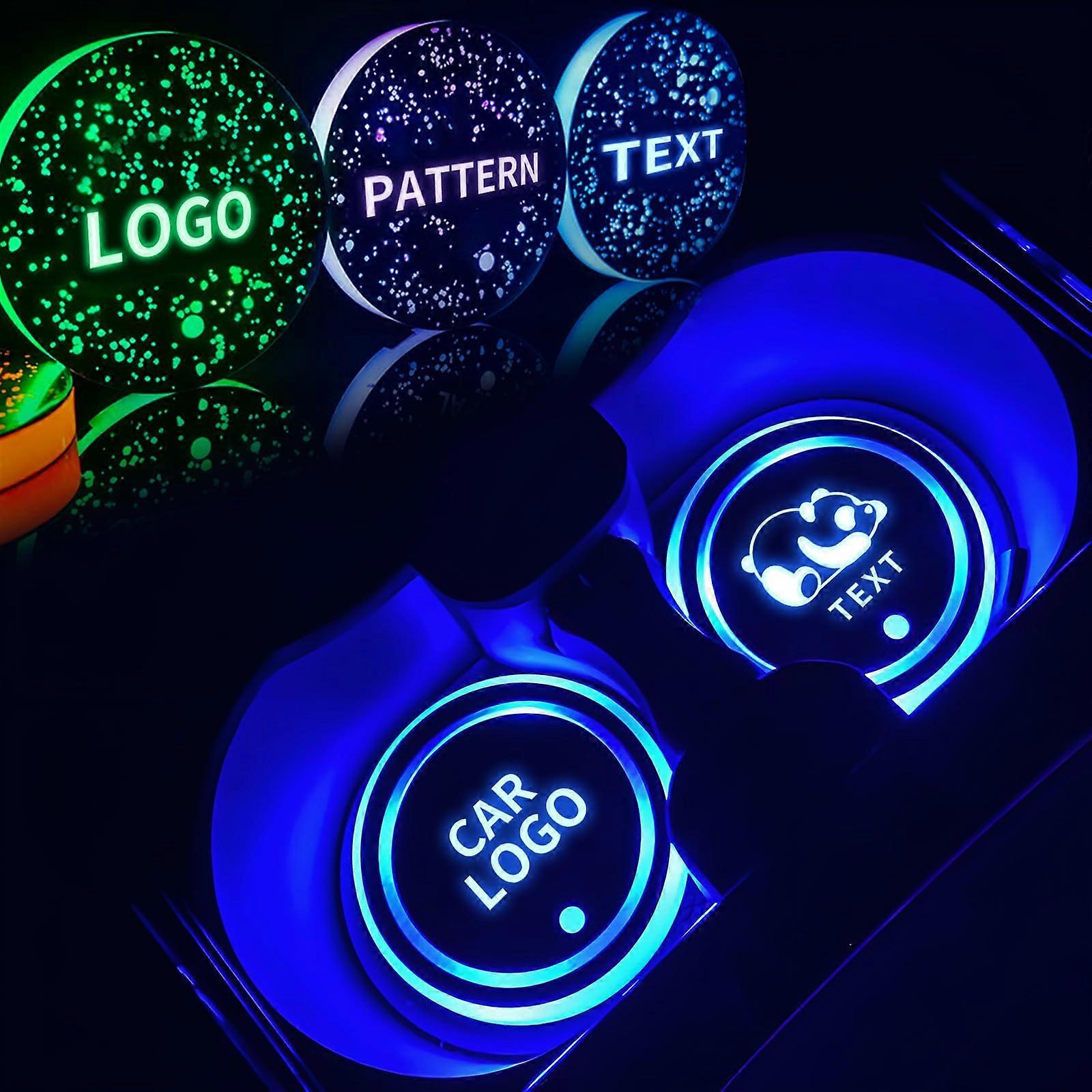 2 Pcs LED Car Cup Holder Lights with Custom , RGB 7 Colors 3 Modes, USB Rechargeable Coasters