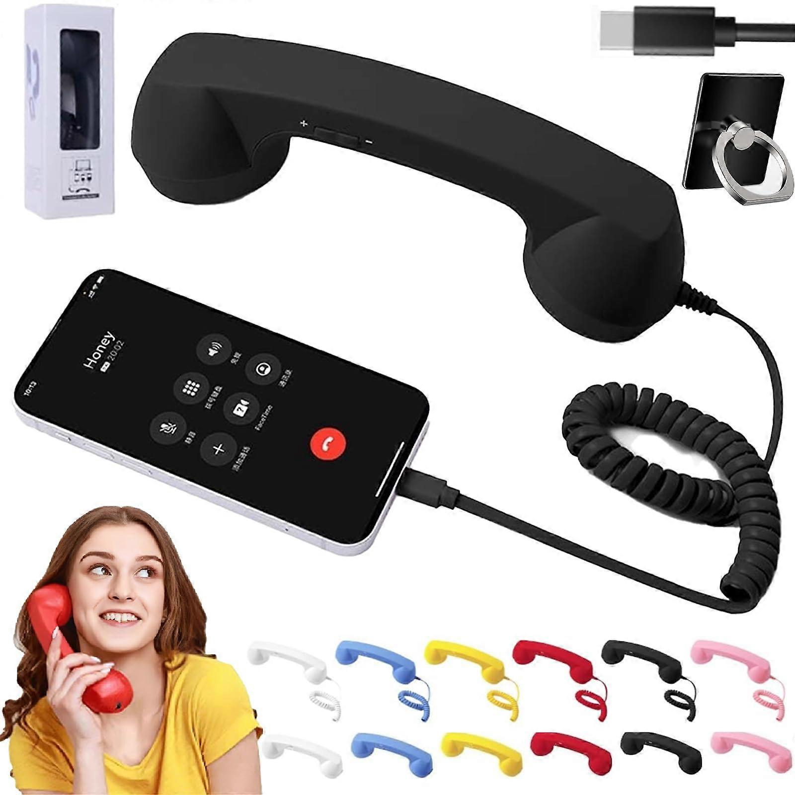 Retro Phone Handset with Dual Connection and Clear Audio for iPhone Android, Black TypeC