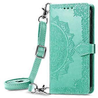 Case For Iphone 13 Cyan Mandala Leather Long Crossbody Lanyard Embossed No4140