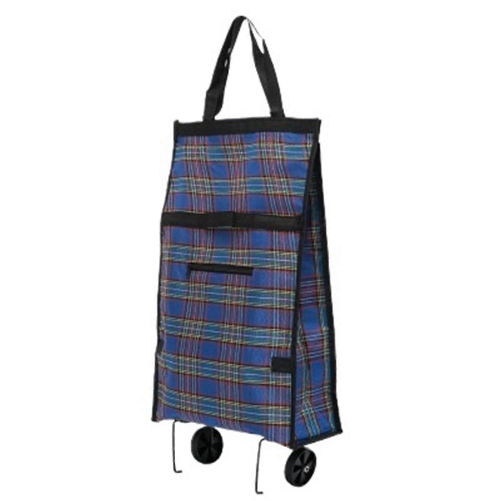Rolling Shopping Bag with Wheels, Large Capacity Foldable Grocery Trolley, Blue Plaid