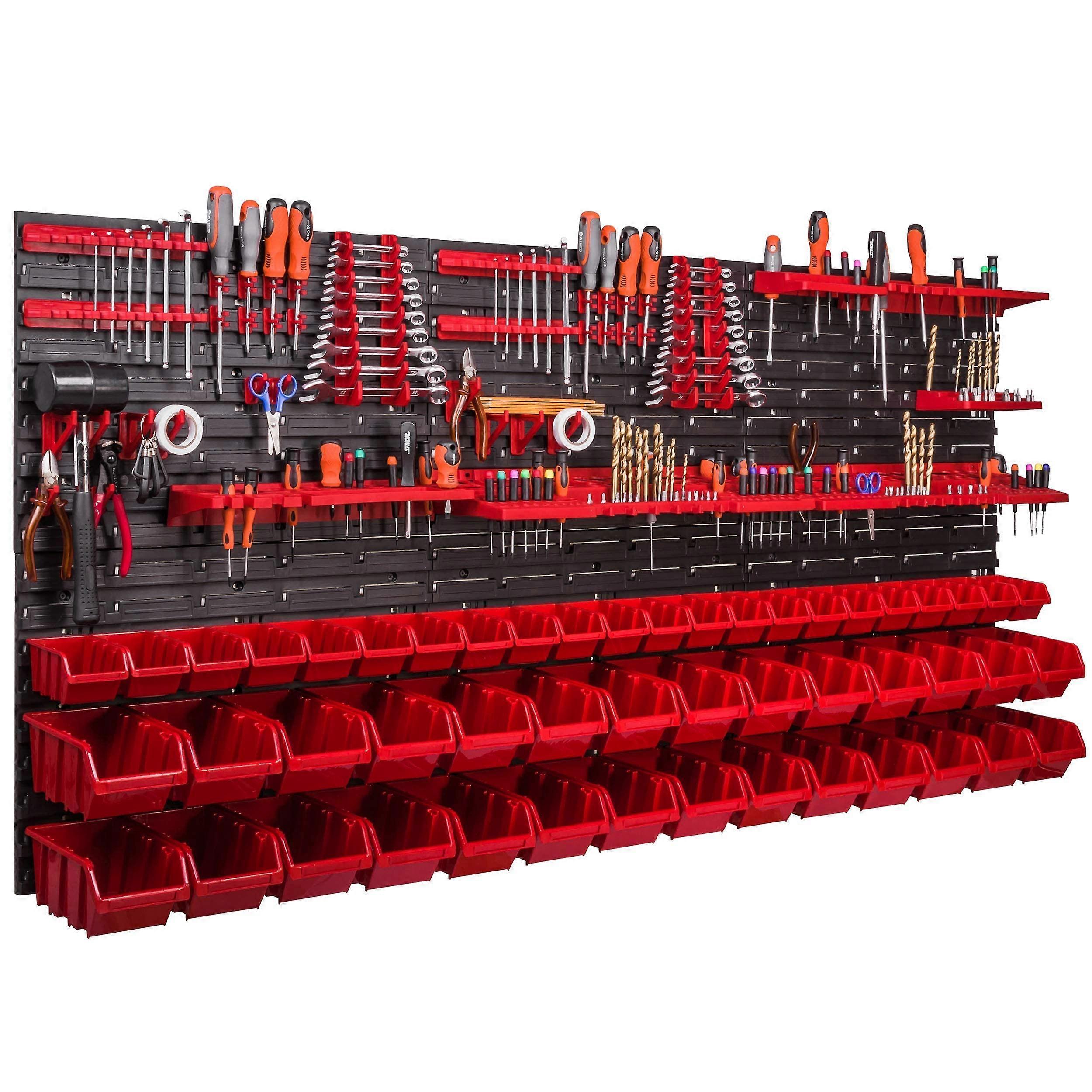Tool Storage Wall with 50 Removable Stacking Bins, Garage Workshop Organizer Rack Red