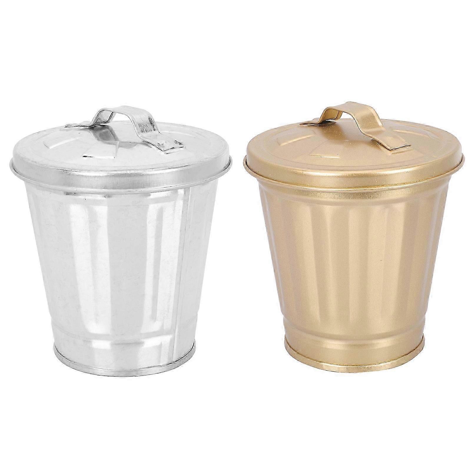Mini Garbage Can Iron Trash Bin for Home 2Pcs Lidded Desktop Bin