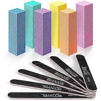 Professionelles Nagelpuffer-Set (Körnung 100/180), rechteckige Nagelfeilen mit zwei Körnungen, 12er-Packung, Schwarz